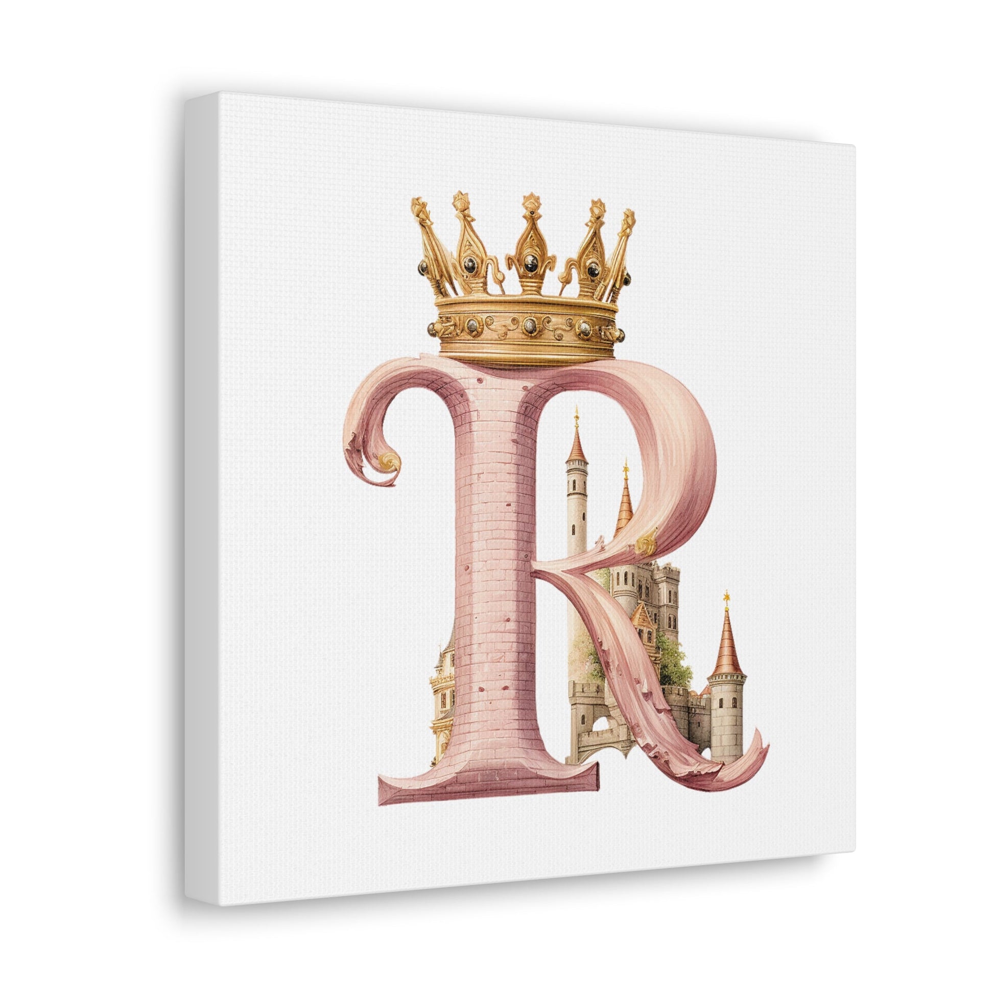 Monogram R Wall Art - Canvas Print Gallery Wrap - Single Initial Letter with Crown - Pink and Gold