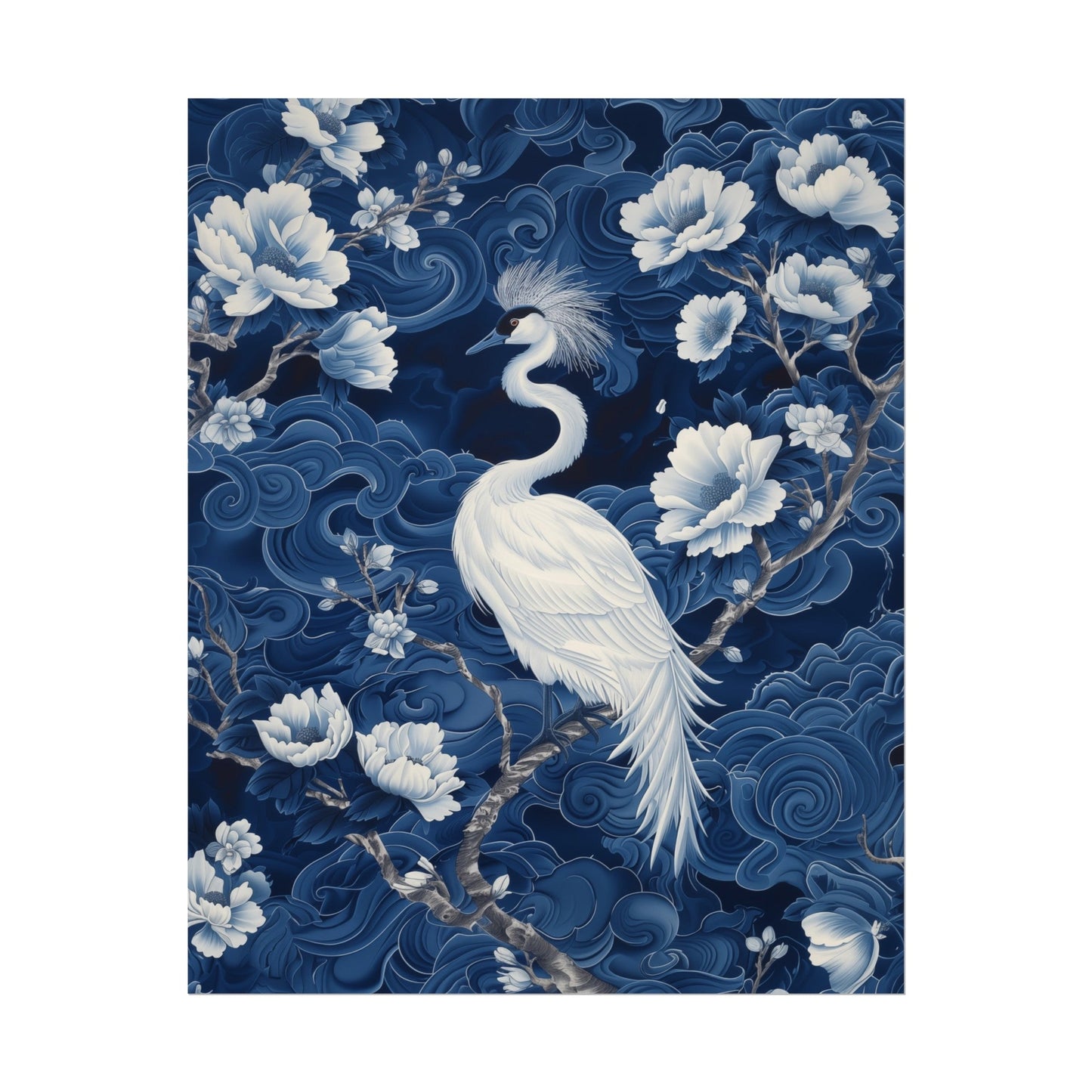 Chinoiserie Wall Art Print - Crowned Crane in Blue and White