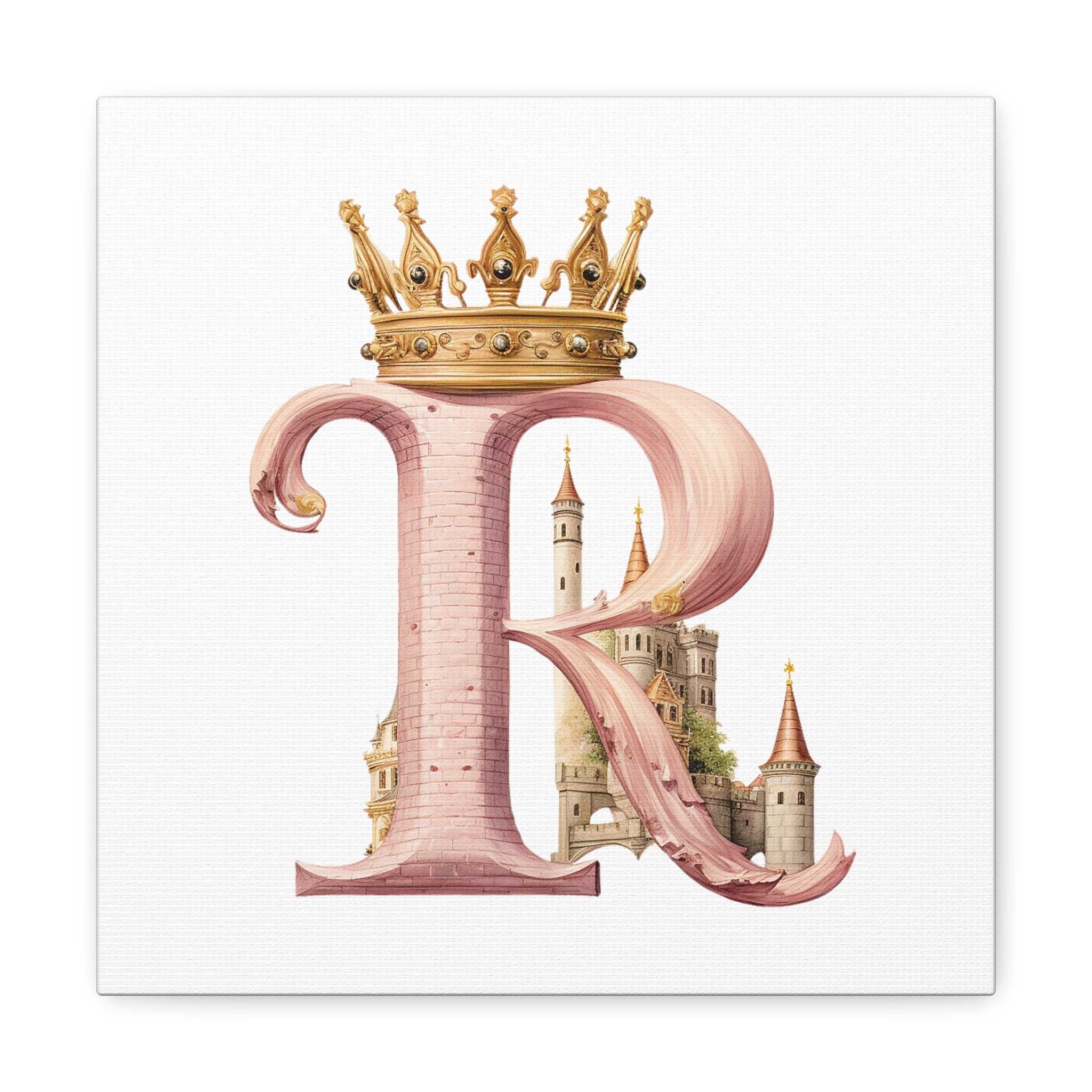 Monogram R Wall Art - Canvas Print Gallery Wrap - Single Initial Letter with Crown - Pink and Gold