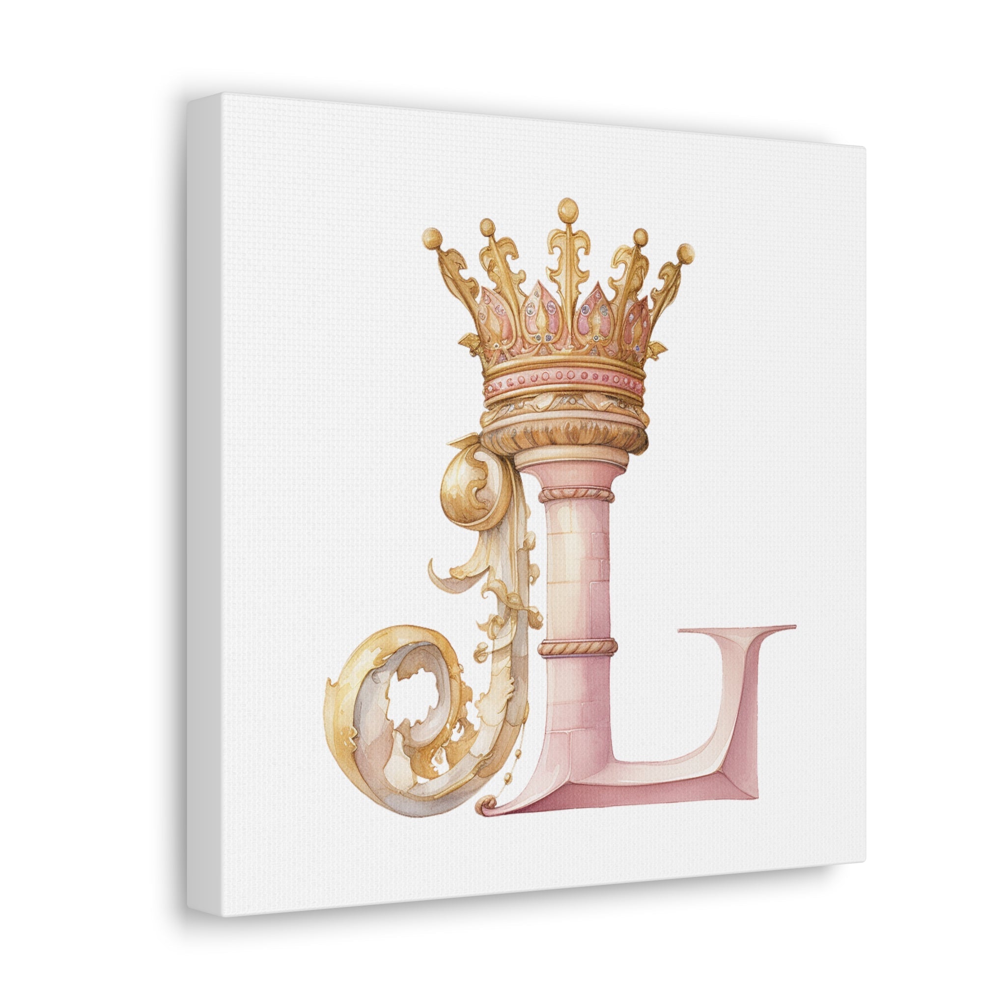 Monogram L Wall Art - Canvas Print Gallery Wrap - Single Initial Letter with Crown - Pink and Gold