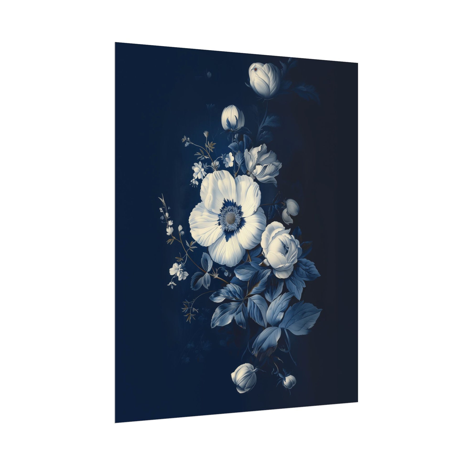 Chinoiserie Wall Art Print - Cherry Blossom Flowers in Cobalt Blue and White