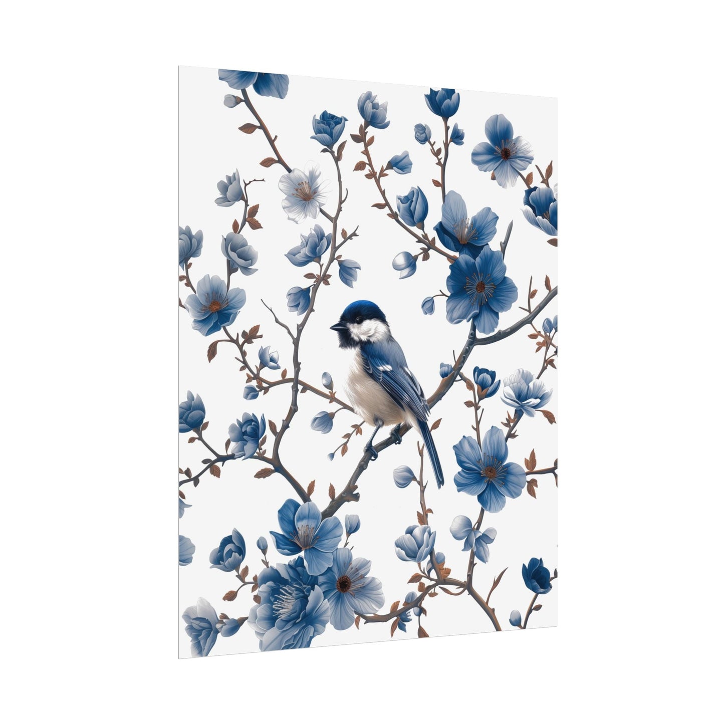 Chinoiserie Wall Art Print - Carolina Chickadee in Blue and White