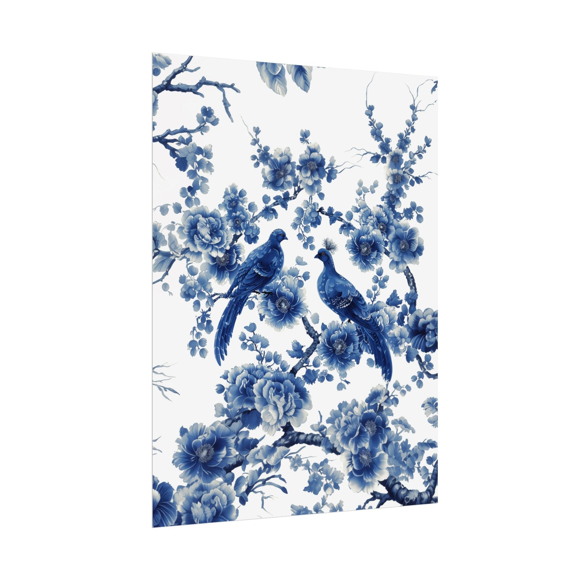 Chinoiserie Wall Art Print Peacocks Cobalt Blue and White