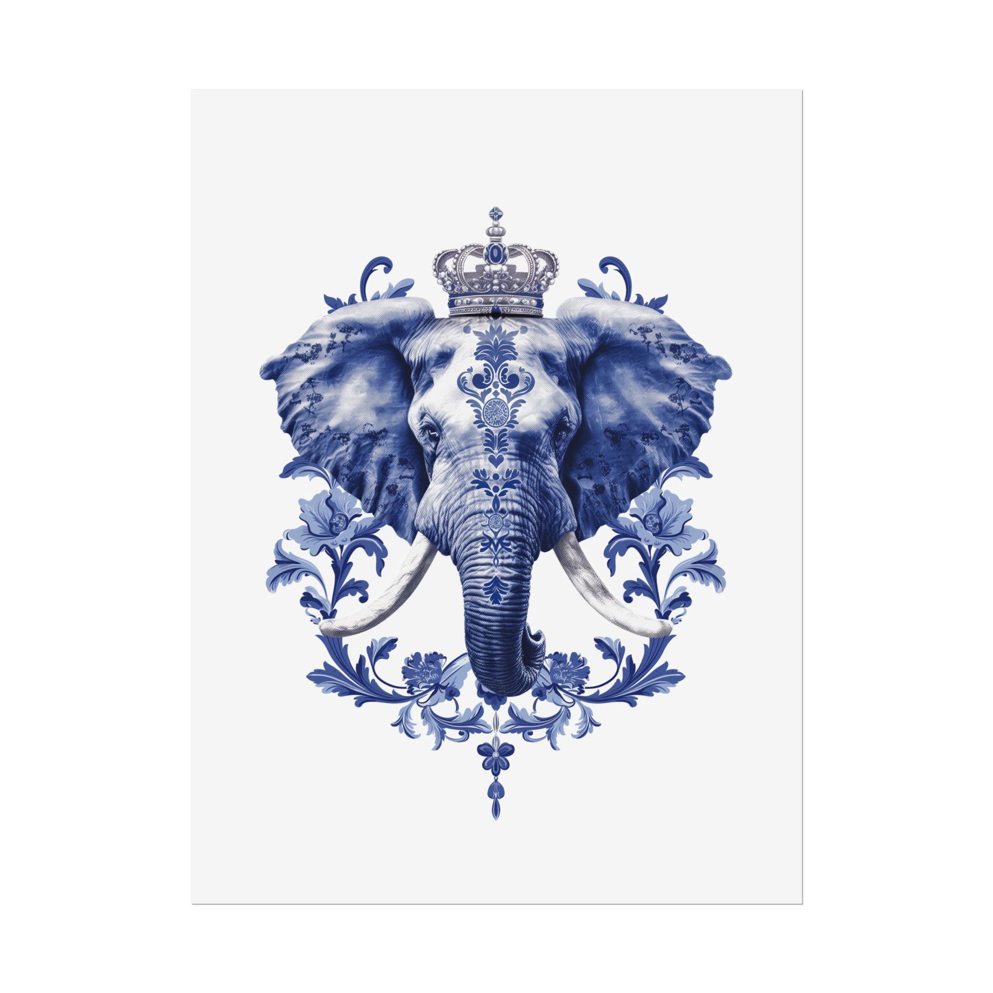 Chinoiserie Elephant Wall Art Print in Blue & White with Crown and Floral Accents