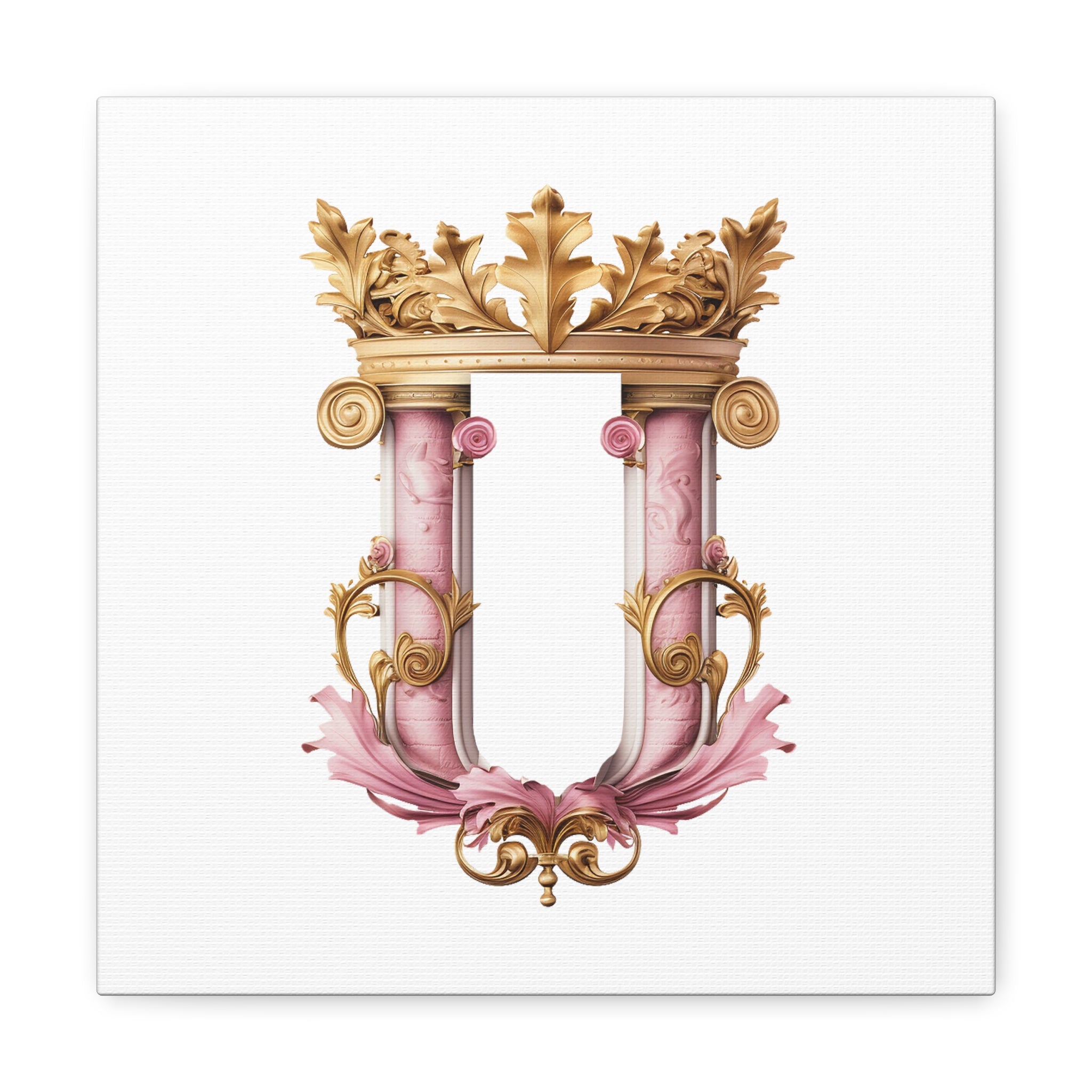 Monogram U Wall Art -  Canvas Print Gallery Wrap - Single Initial Letter with Crown - Pink and Gold