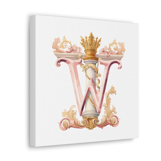 Monogram W Wall Art - Canvas Print Gallery Wrap - Single Initial Letter with Crown - Pink and Gold