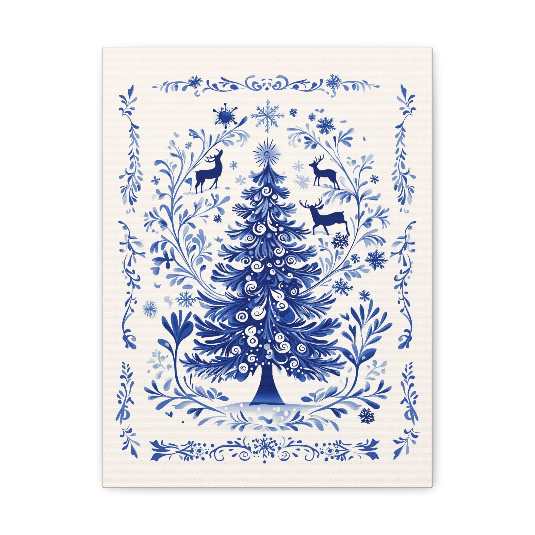 Christmas Tree Canvas Print - Gallery Wrap Wall Art - Delft-Inspired Blue on Off-White Background