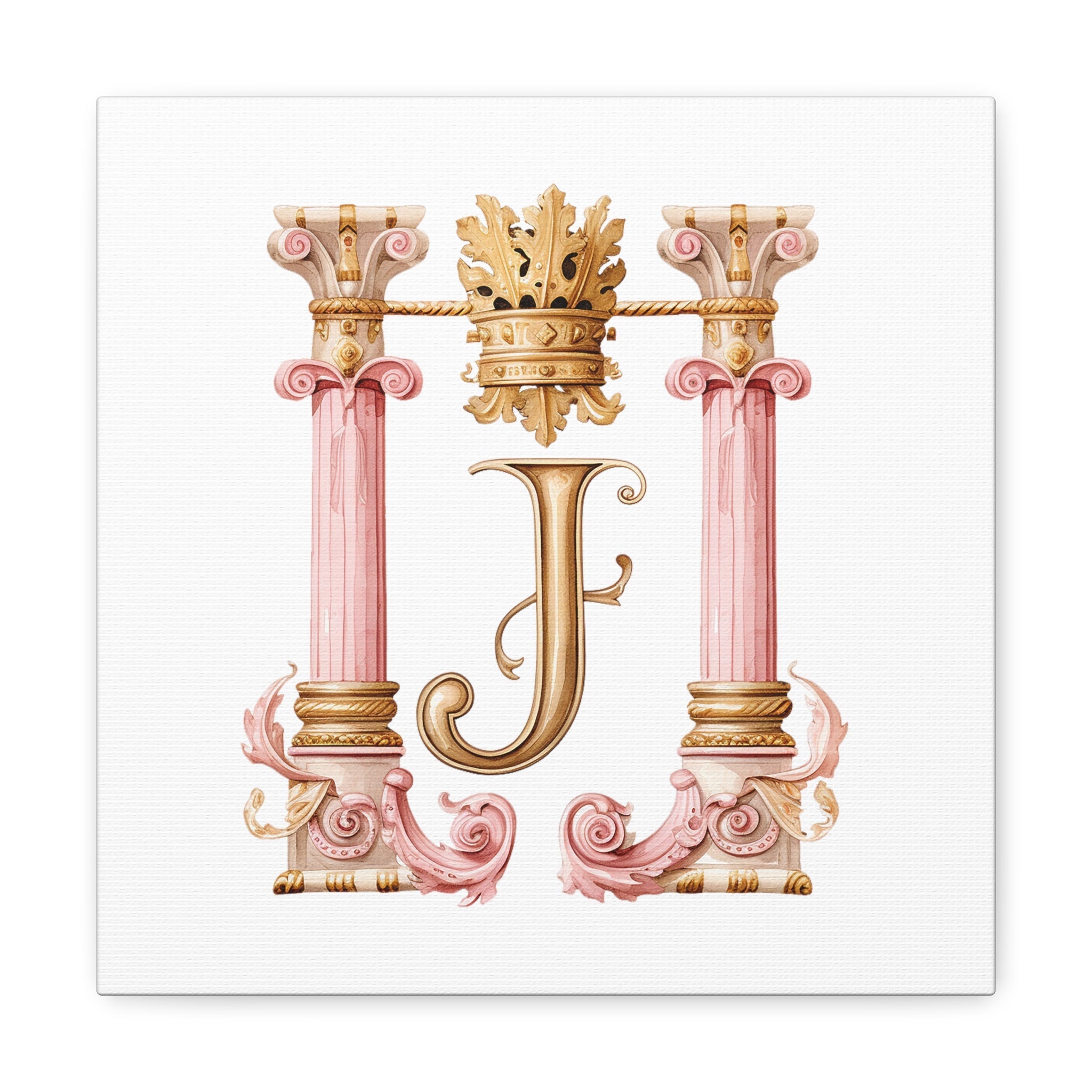 Monogram J Wall Art - Canvas Print Gallery Wrap - Single Initial Letter with Crown - Pink and Gold