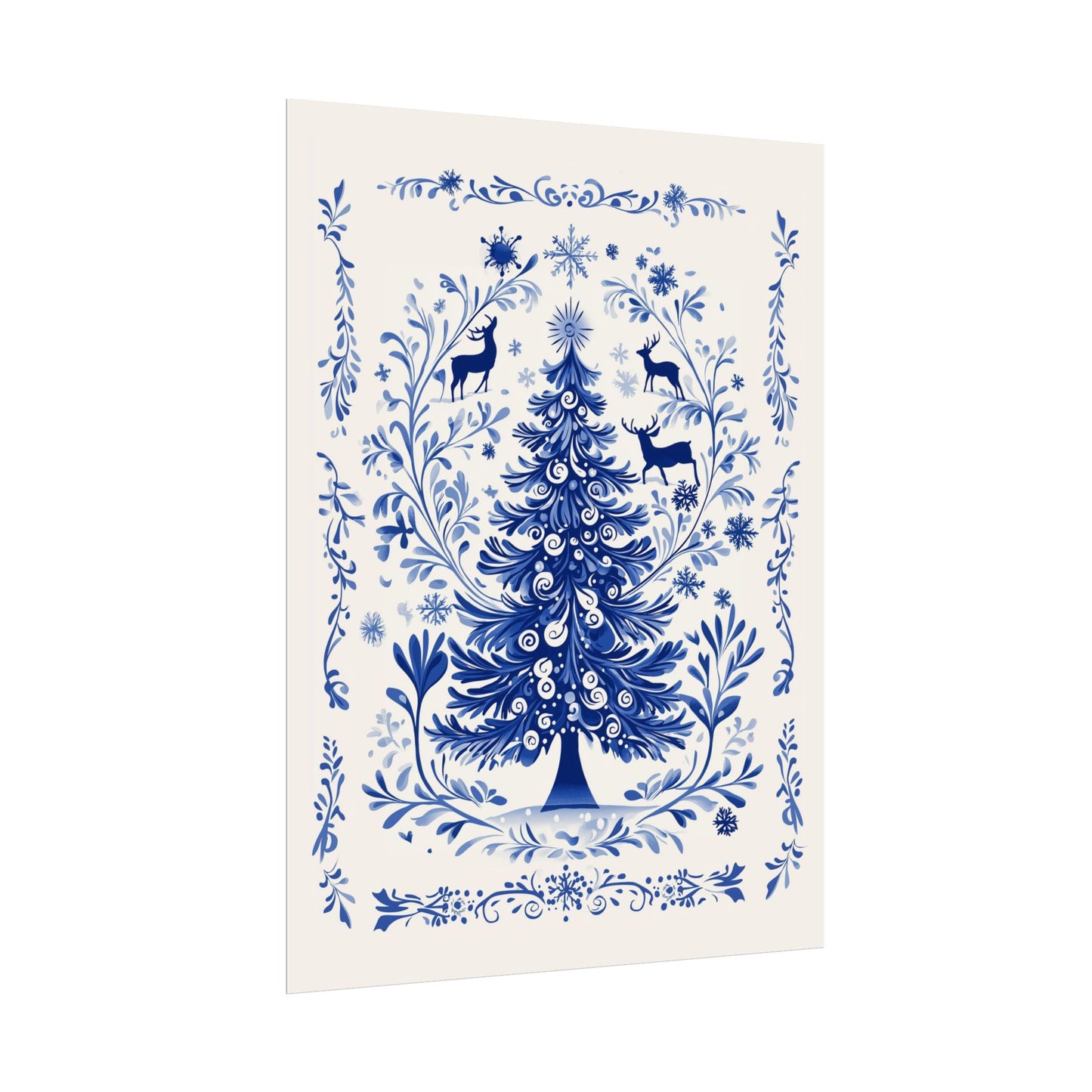 Delft-Inspired Blue Christmas Tree Wall Art Print on Off-White Background with Deer