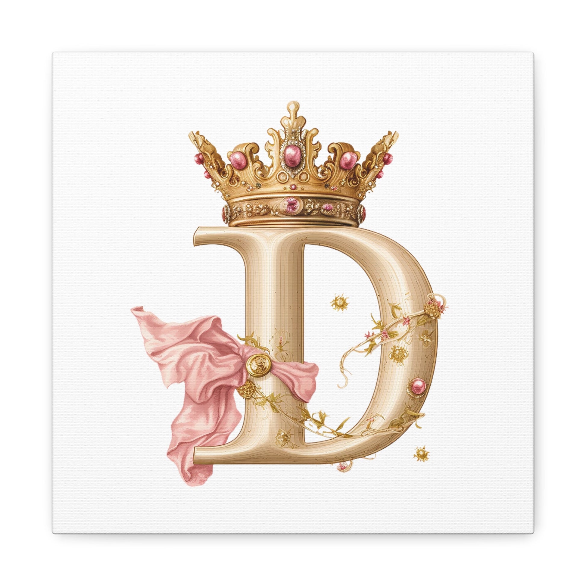 Monogram D Wall Art - Canvas Print Gallery Wrap - Single Initial Letter with Crown - Pink and Gold