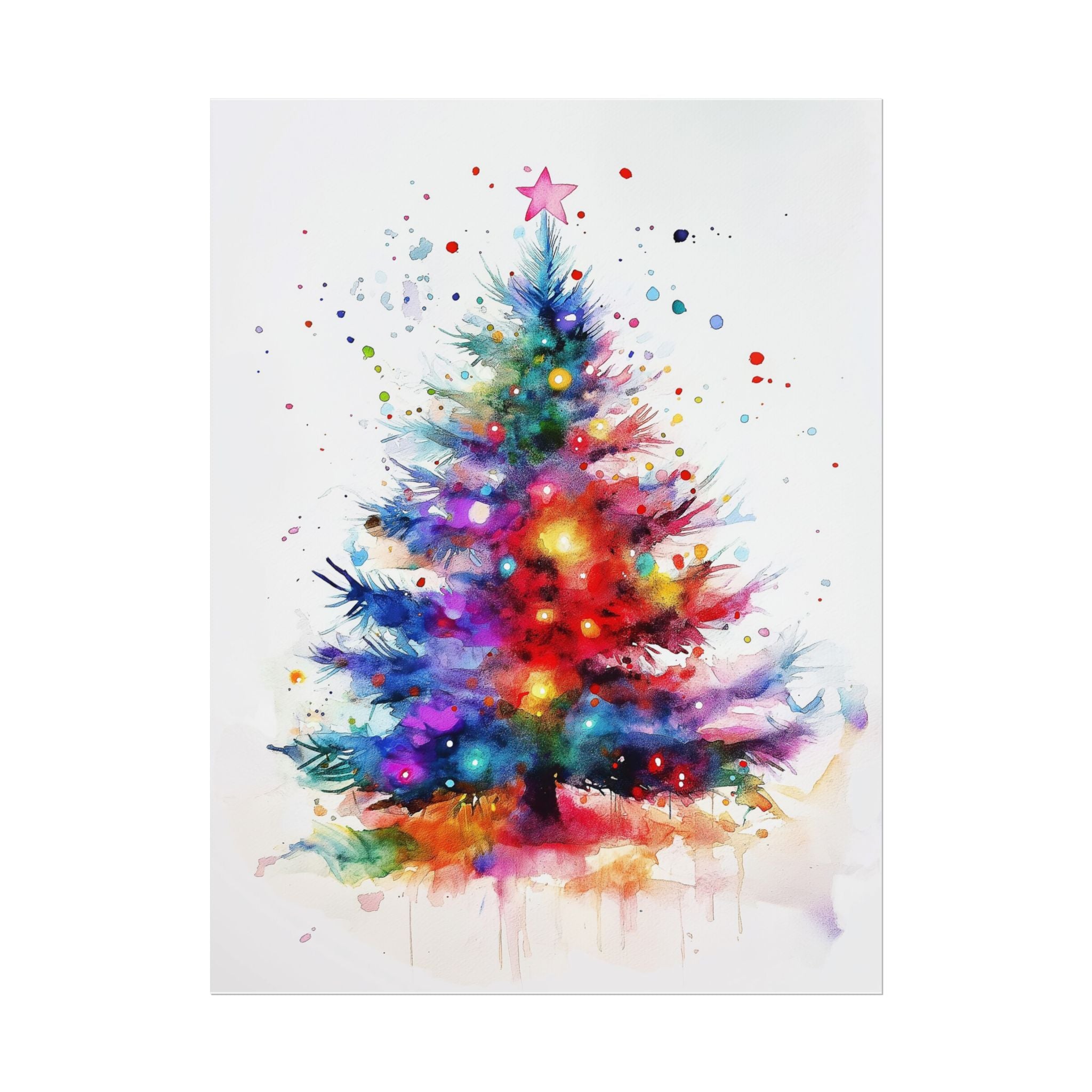 Christmas Tree Wall Art Print - Vibrant Colorful Watercolor with Lights