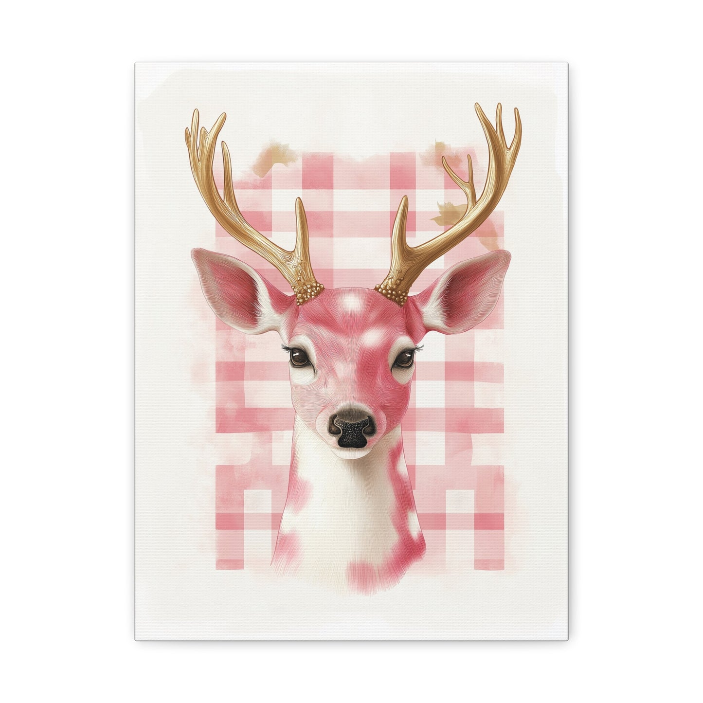 Check Deer Canvas Print - Gallery Wrap Wall Art - Pink and White with Gold-Toned Antlers