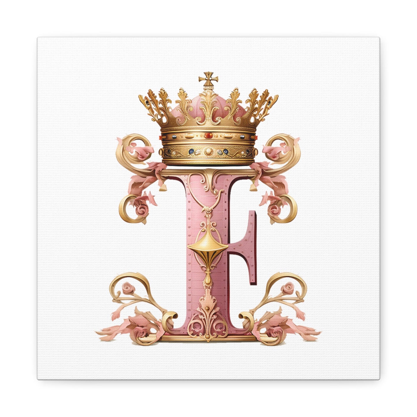 Monogram F Wall Art - Canvas Print Gallery Wrap - Single Initial Letter with Crown - Pink and Gold