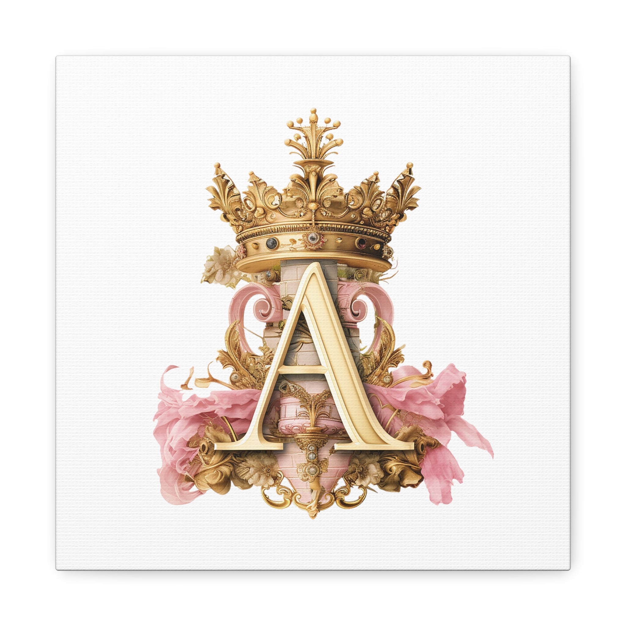 Monogram A Wall Art - Canvas Print Gallery Wrap - Single Initial Letter with Crown - Pink and Gold