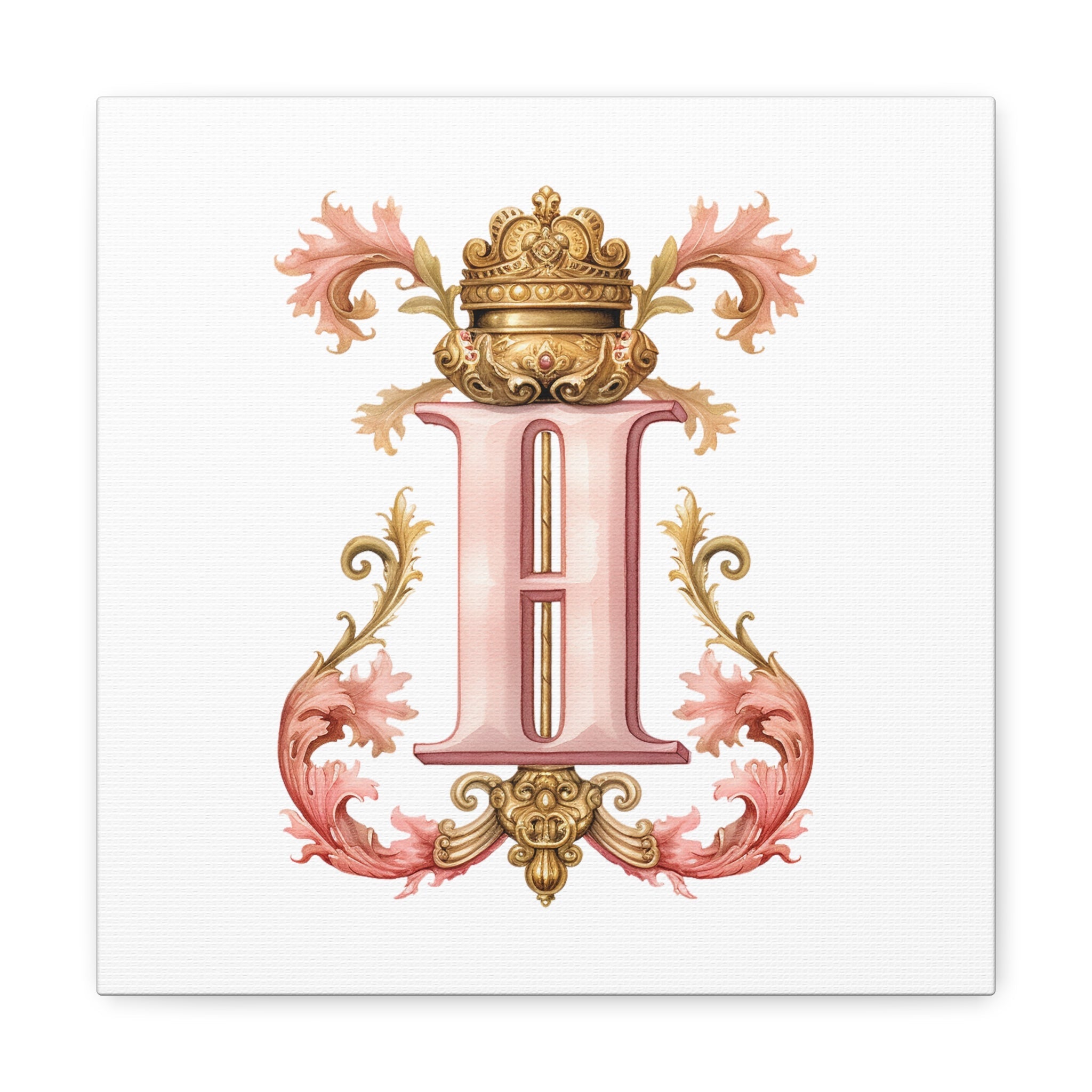 Monogram H Wall Art - Canvas Print Gallery Wrap - Single Initial Letter with Crown - Pink and Gold