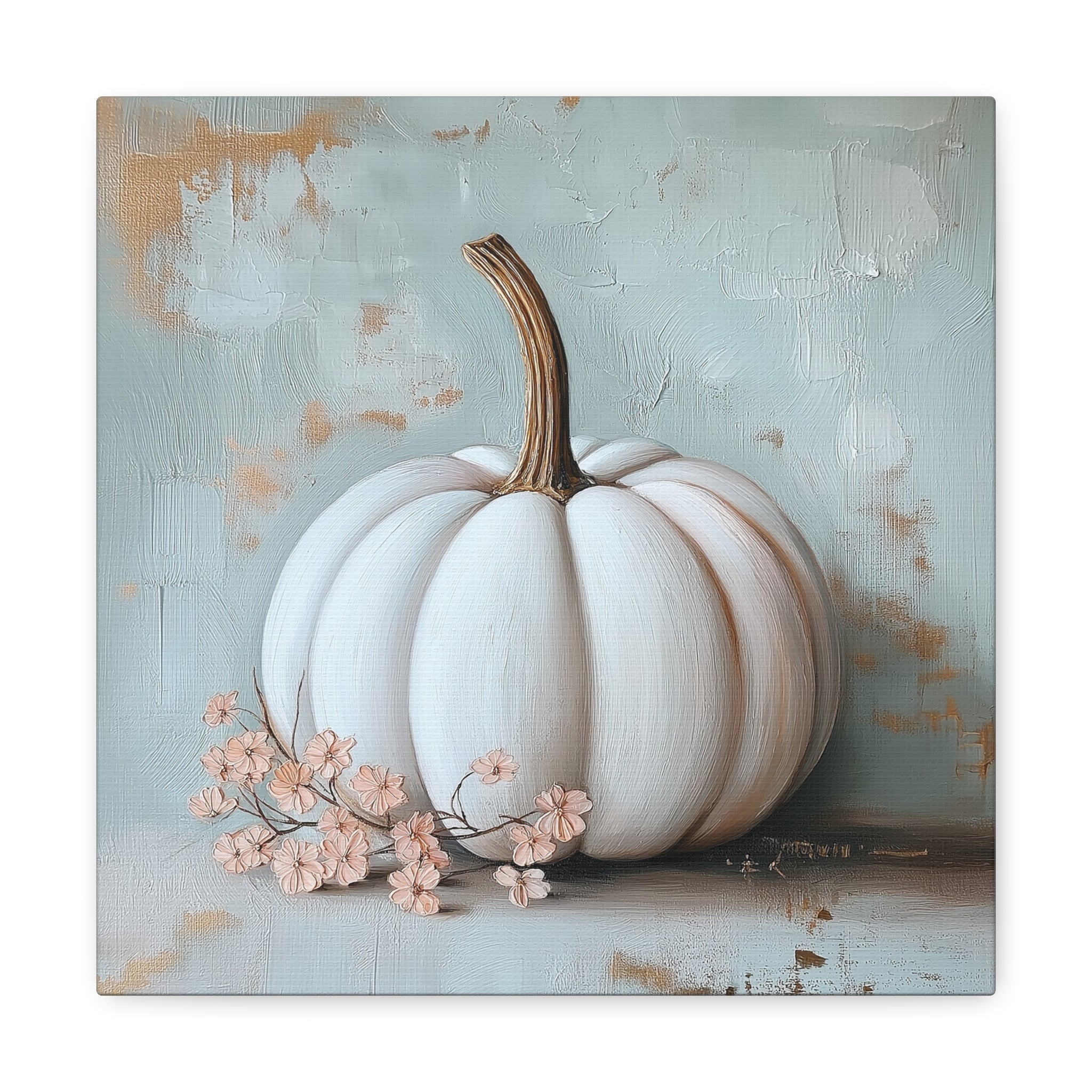Pumpkin Wall Art - Canvas Print Gallery Wrap - White with Shabby Chic Flowers