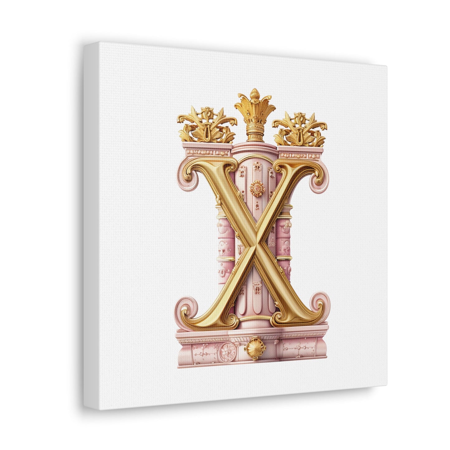 Monogram X Wall Art - Canvas Print Gallery Wrap - Single Initial Letter with Crown - Pink and Gold