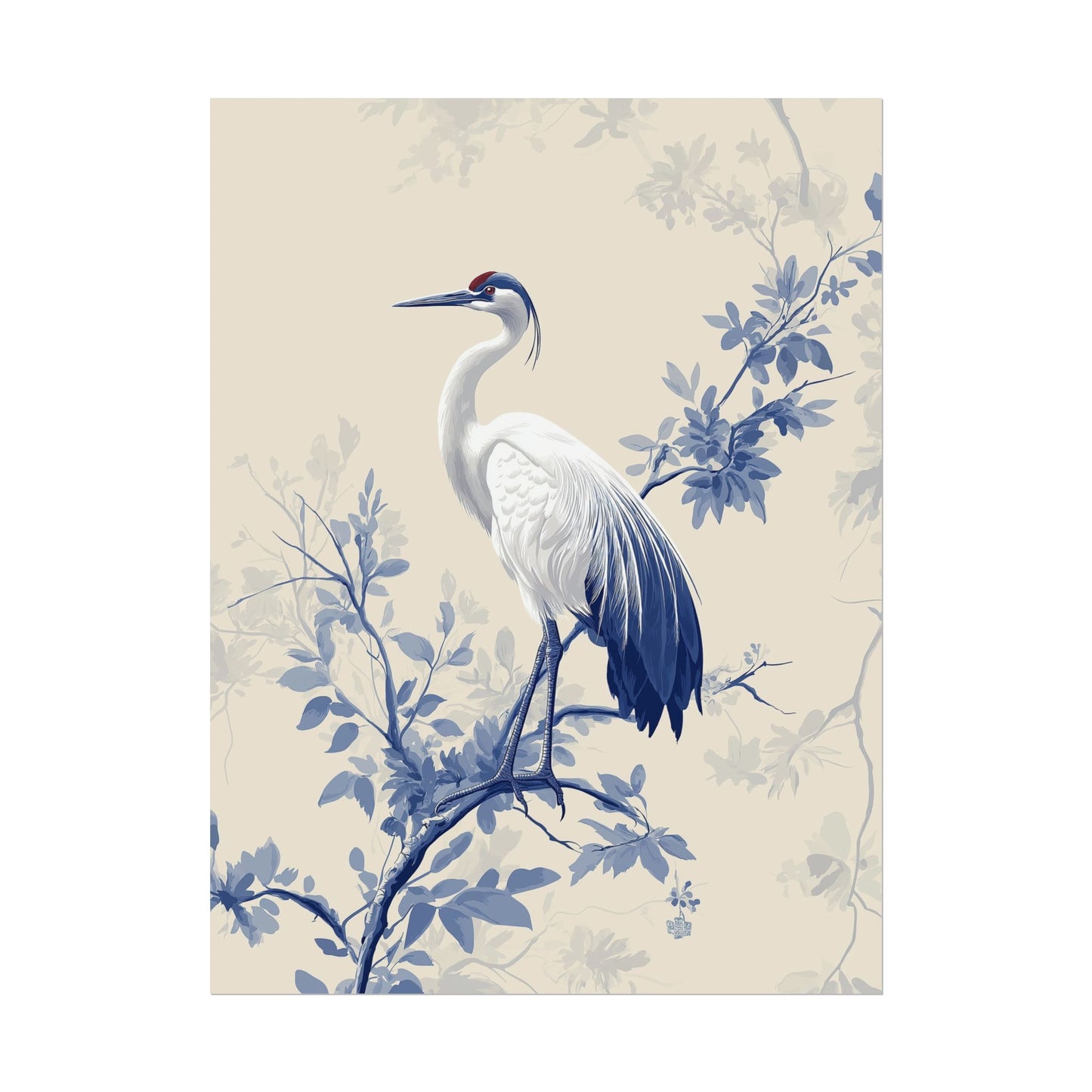 Chinoiserie Wall Art Print - Crane in Blue & White on Beige Backdrop