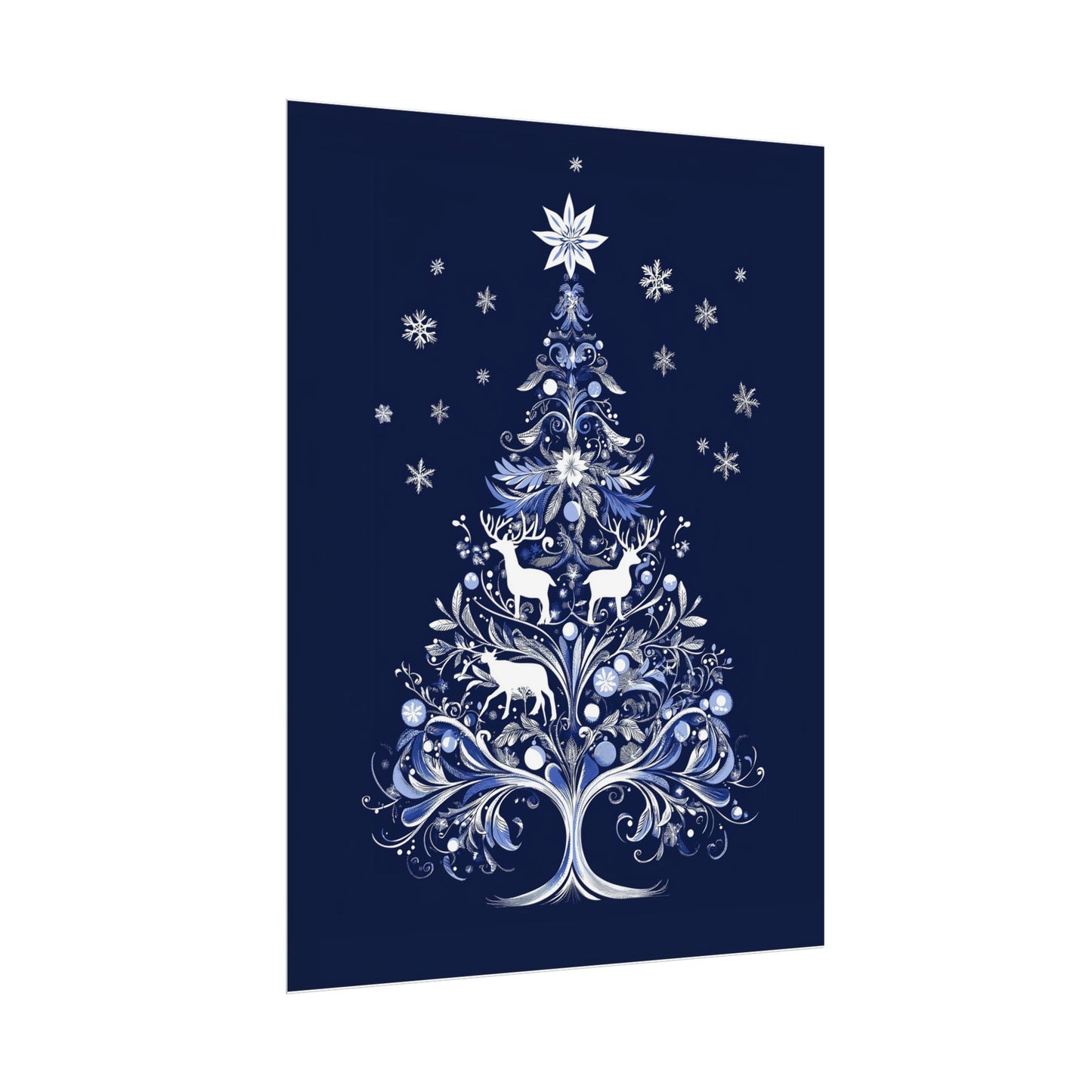 Delft-Inspired White Christmas Tree Wall Art Print on Blue Background with Deer