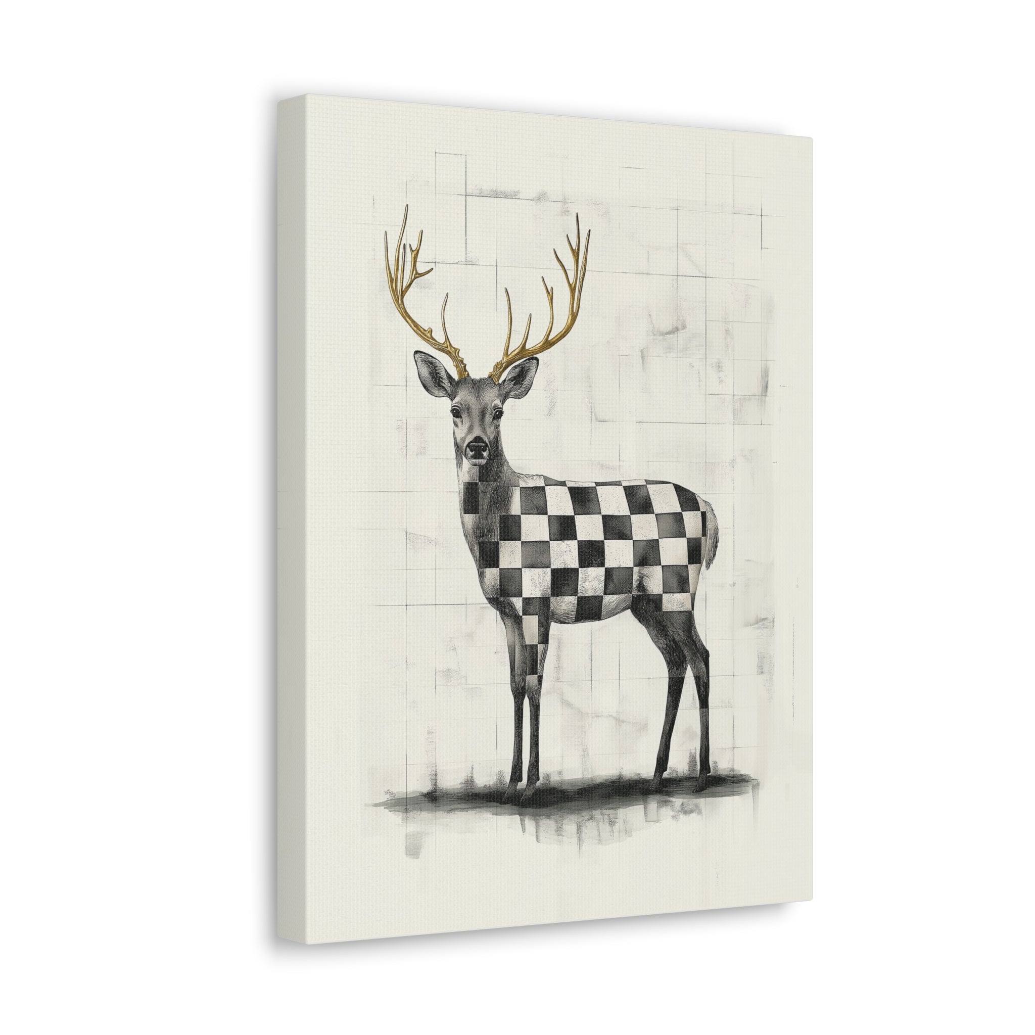 Check Deer Canvas Print - Gallery Wrap Wall Art - Black and White on Cream Backdrop with Gold-Toned Antlers