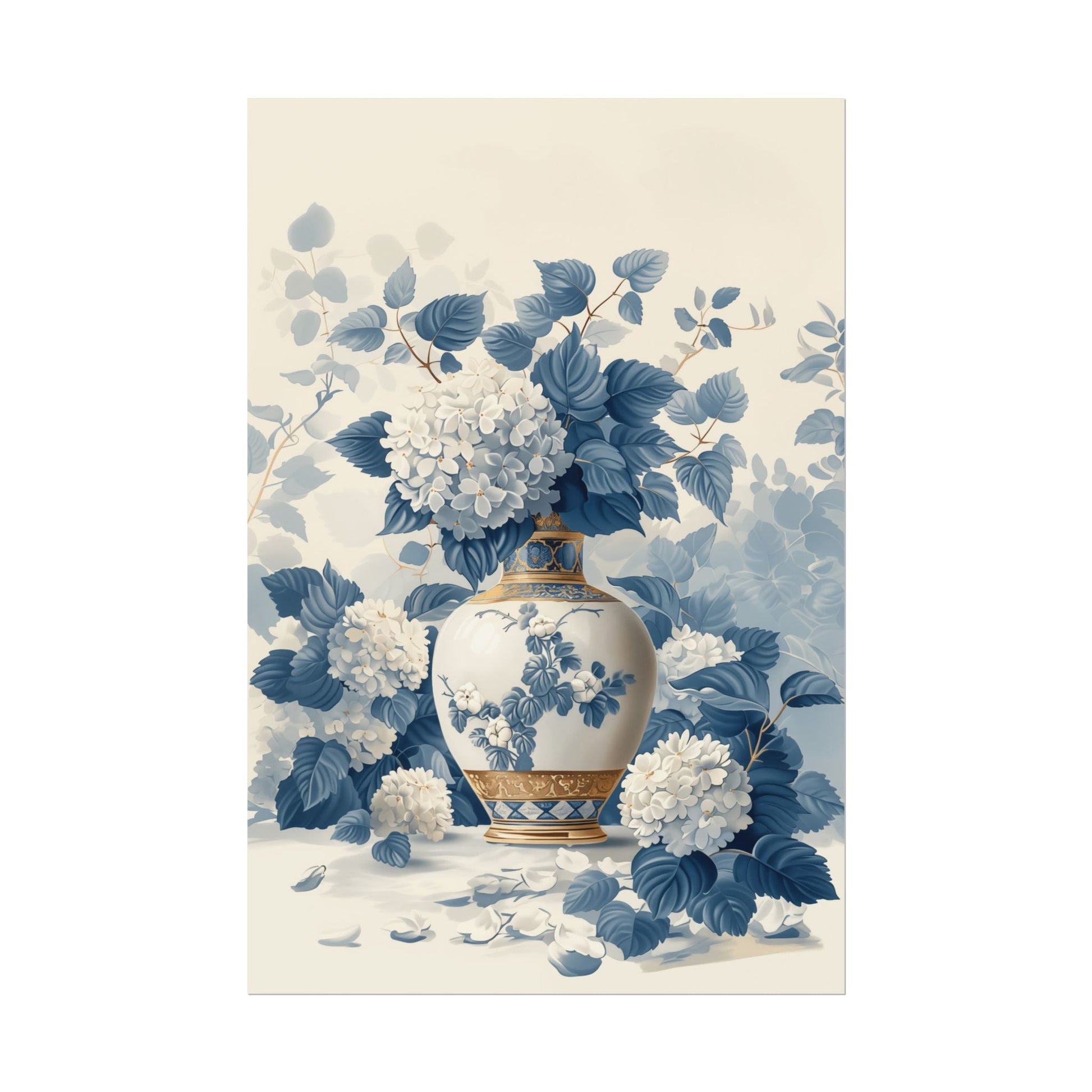 Chinoiserie Wall Art Print - Hydrangeas in a Vase - Blue and Cream