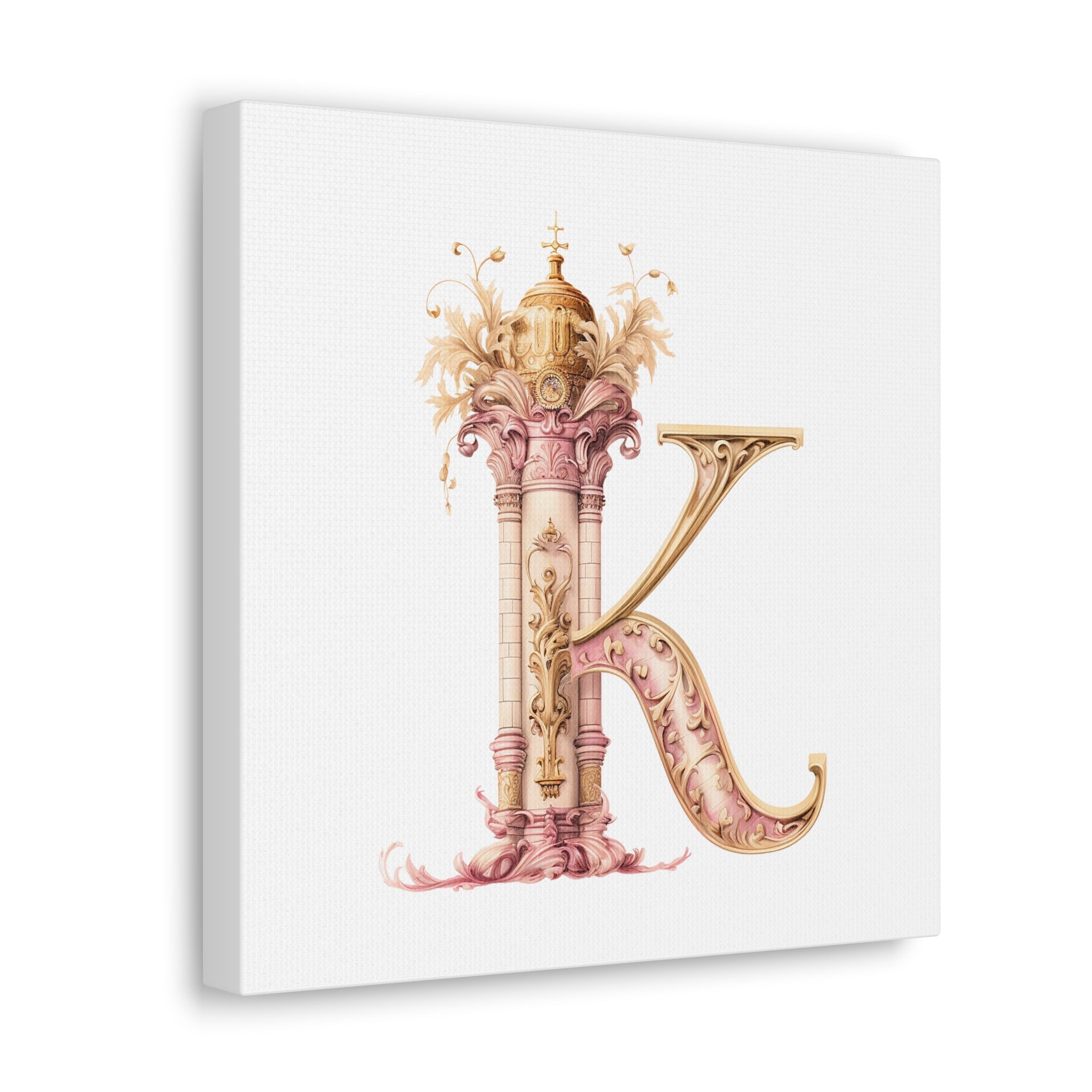 Monogram K Wall Art - Canvas Print Gallery Wrap - Single Initial Letter with Crown - Pink and Gold