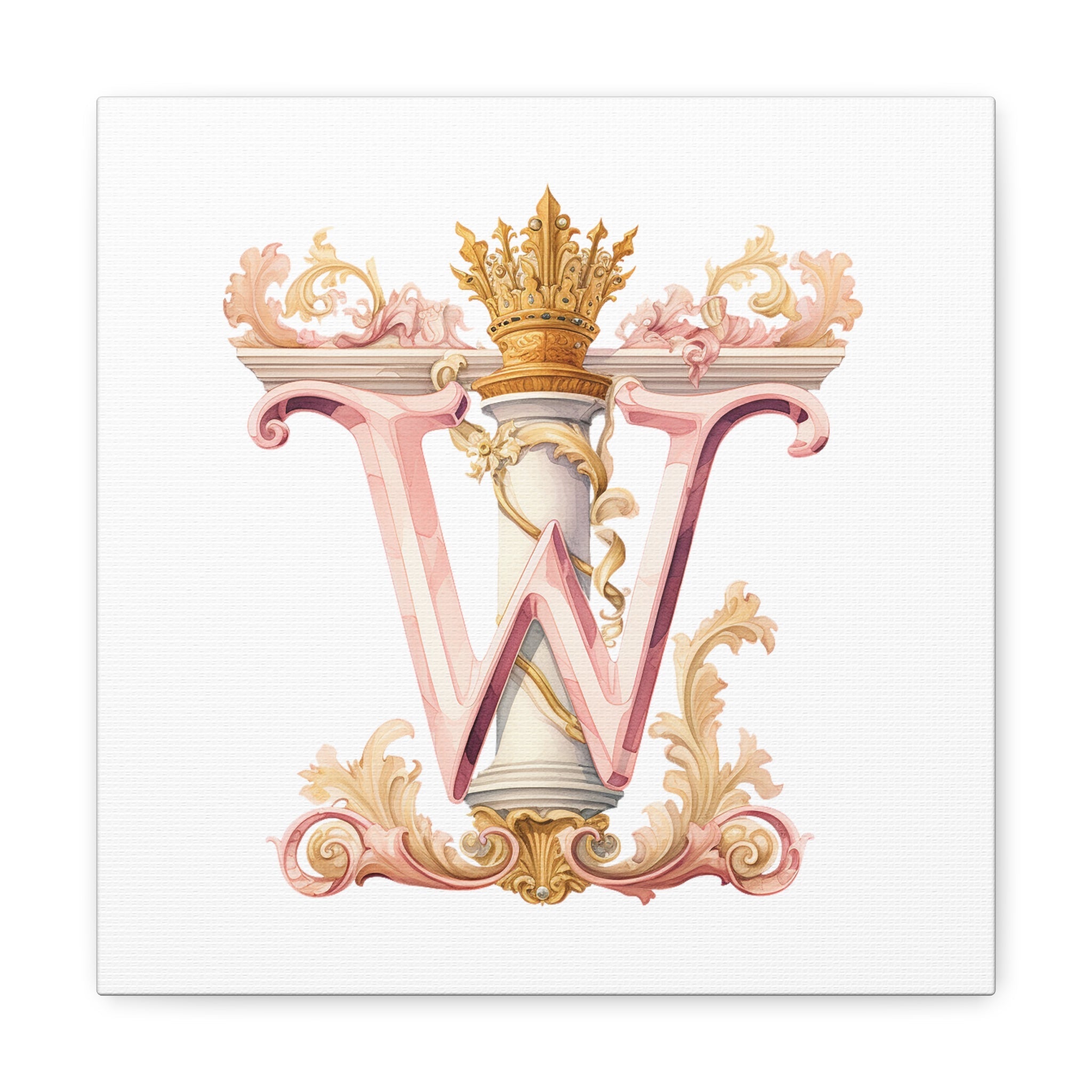 Monogram W Wall Art - Canvas Print Gallery Wrap - Single Initial Letter with Crown - Pink and Gold