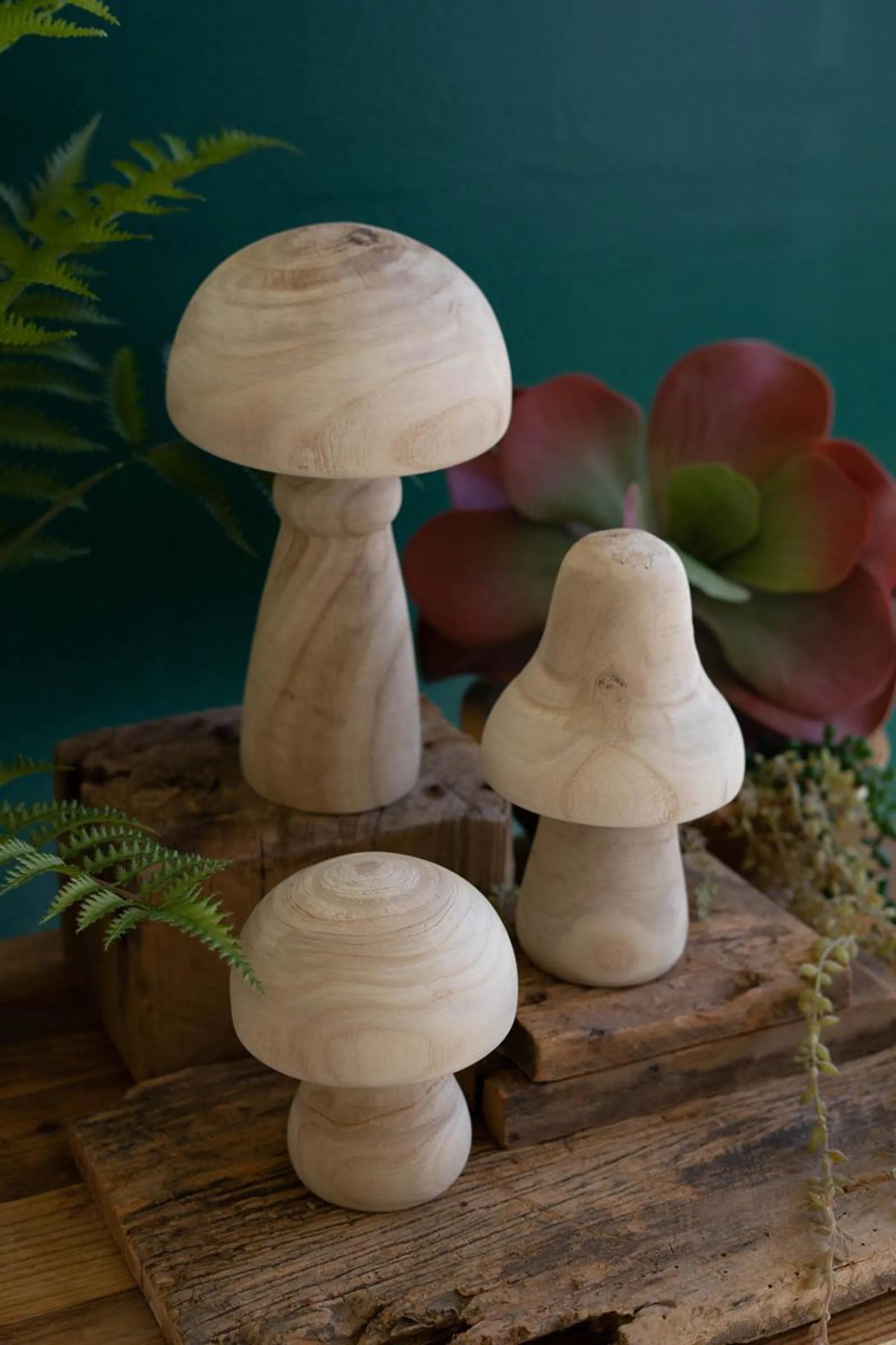 SET OF THREE NATURAL WOODEN MUSHROOMS