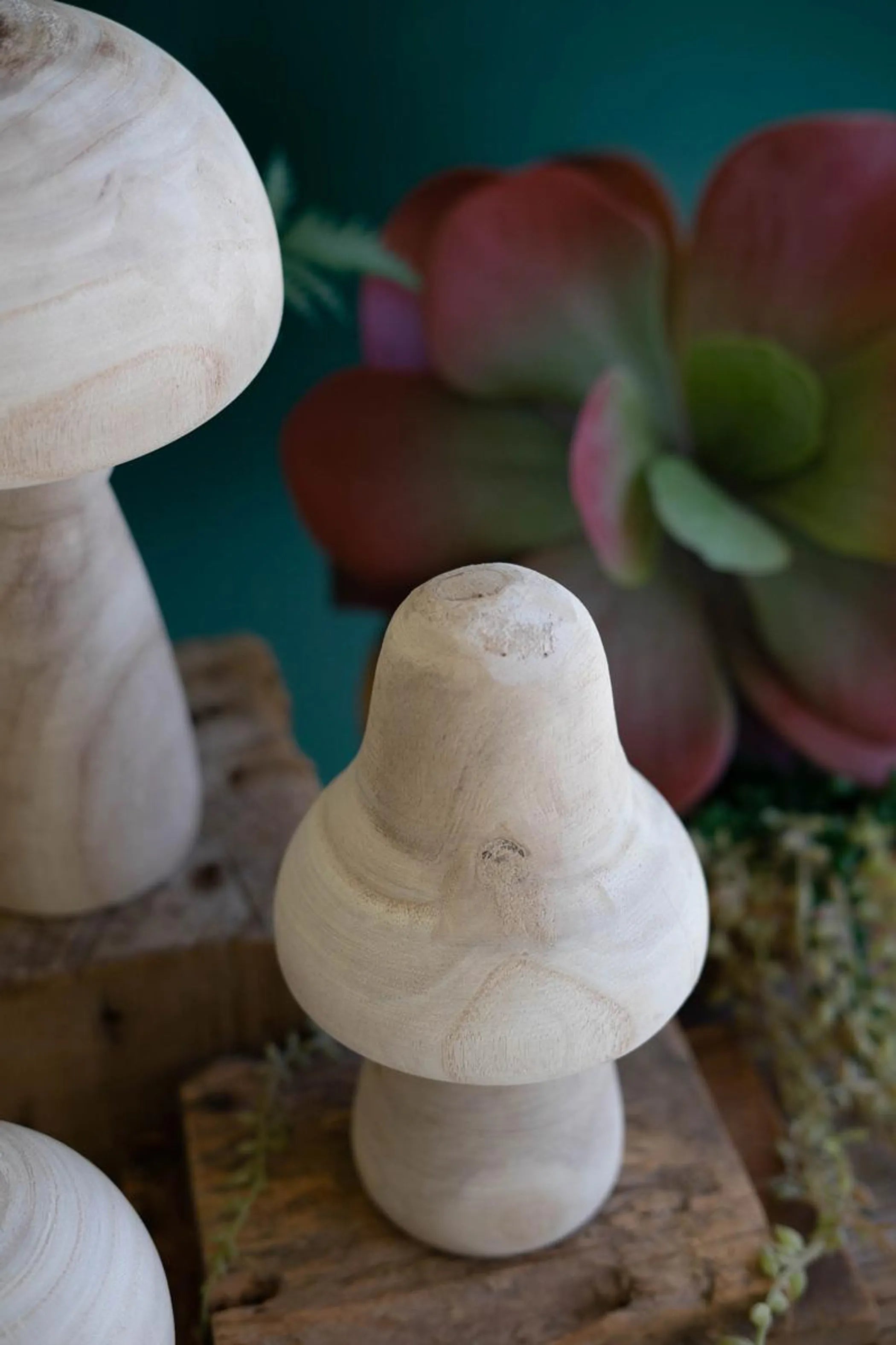 SET OF THREE NATURAL WOODEN MUSHROOMS