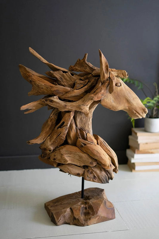 TEAKWOOD HORSE HEAD SCULPTURE WITH IRON BASE