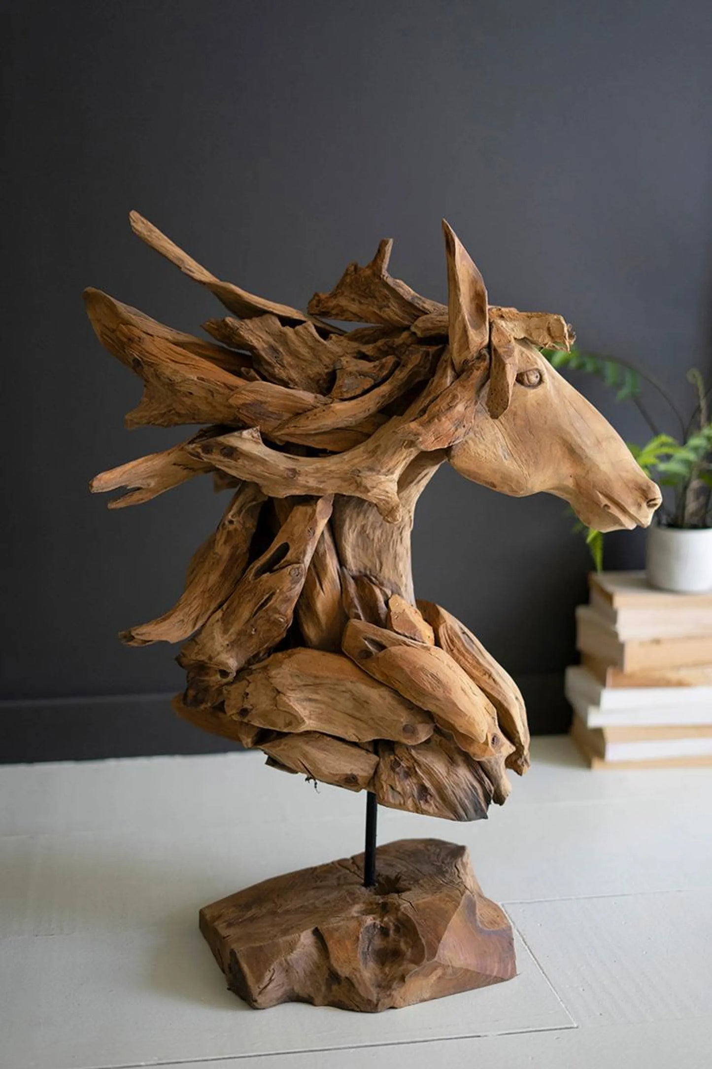 TEAKWOOD HORSE HEAD SCULPTURE WITH IRON BASE