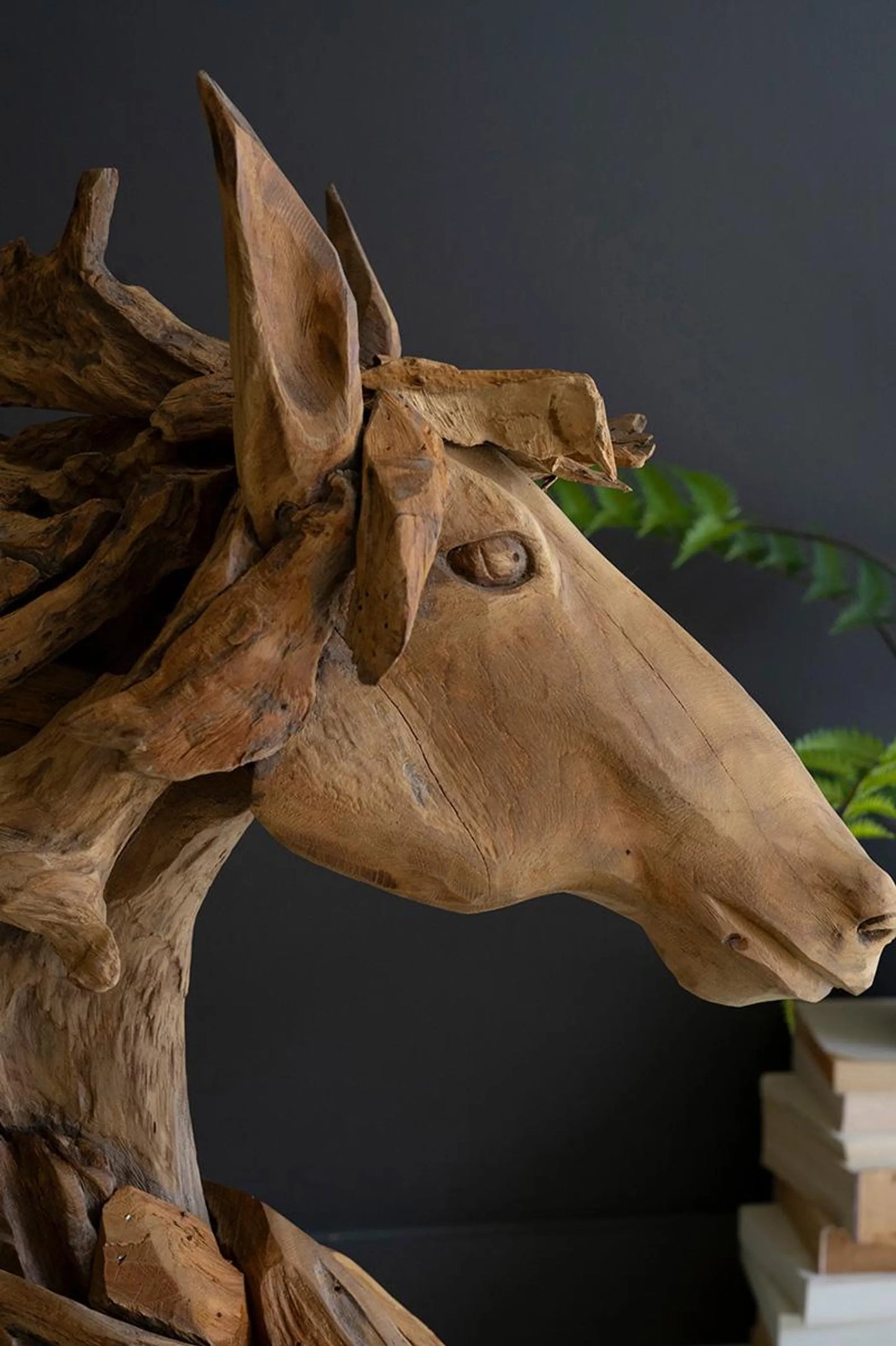 TEAKWOOD HORSE HEAD SCULPTURE WITH IRON BASE