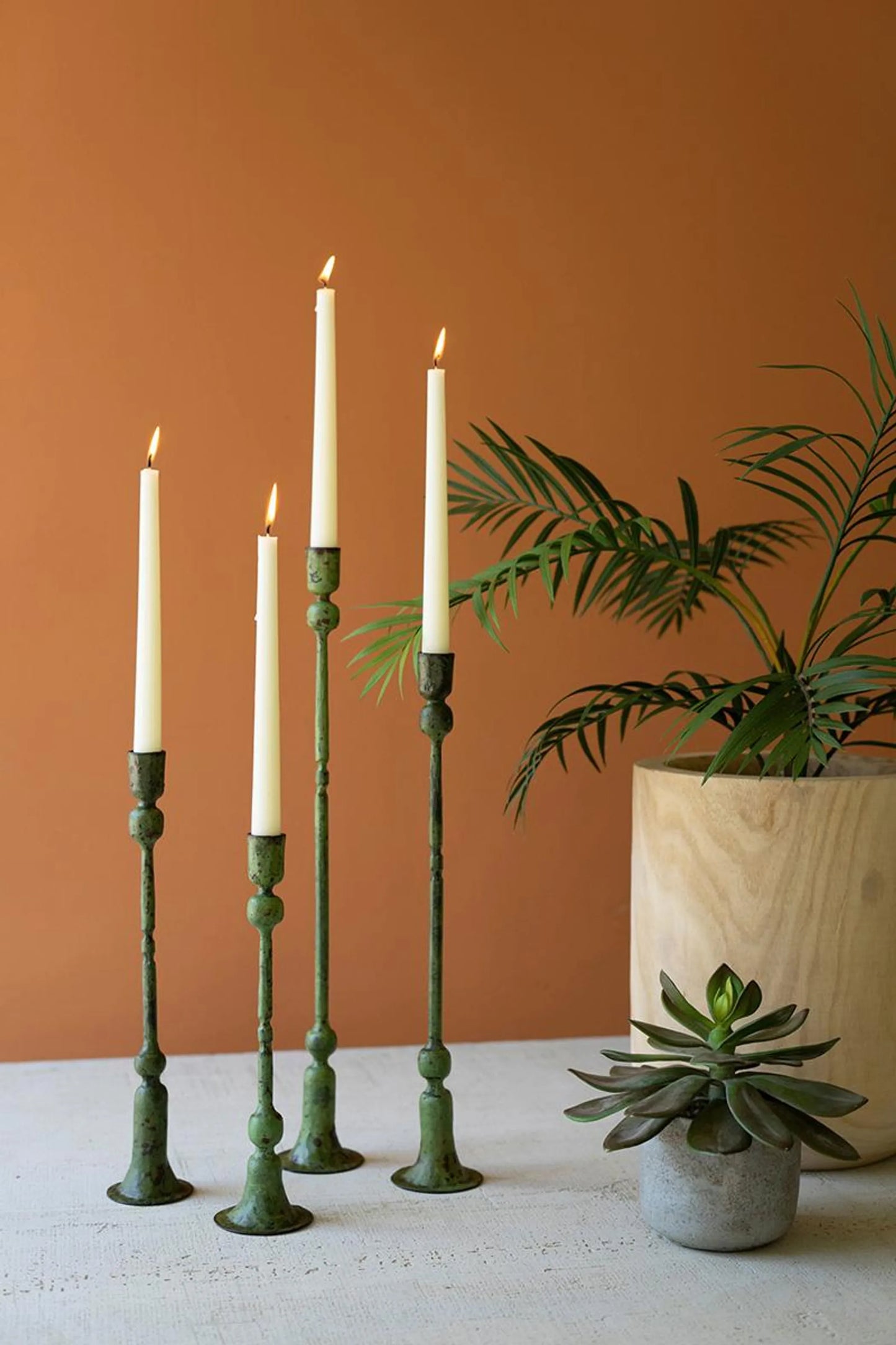 Set of Four Forged Iron Taper Candle Holders - Green Patina