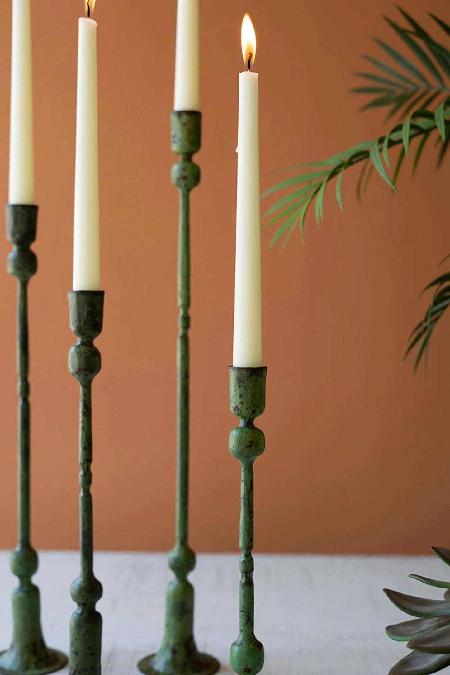 Set of Four Forged Iron Taper Candle Holders - Green Patina