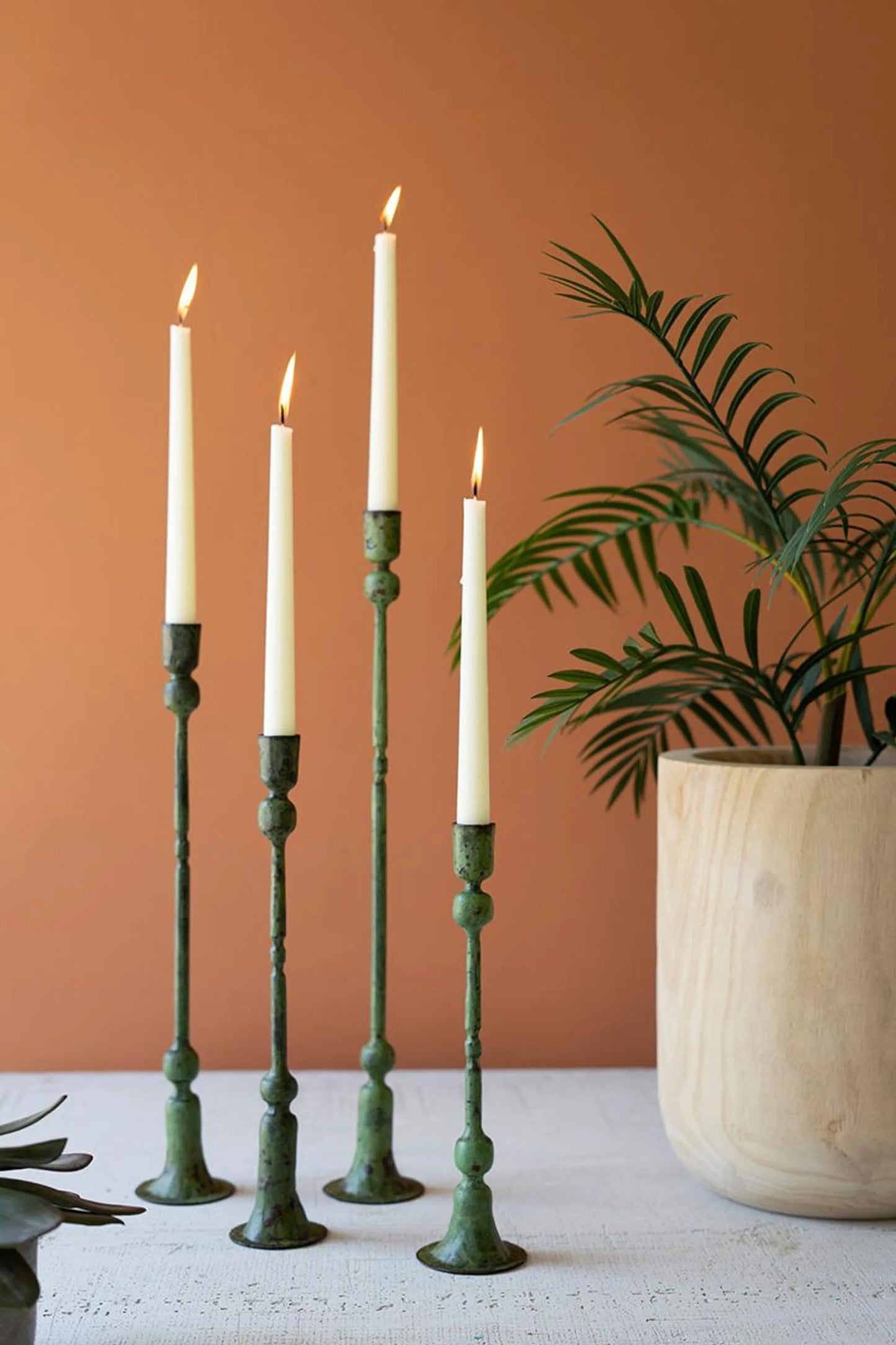 Set of Four Forged Iron Taper Candle Holders - Green Patina