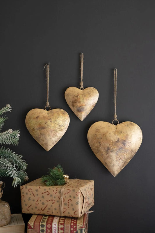 SET OF THREE ANTIQUE GOLD CHRISTMAS HEART DOOR HANGERS