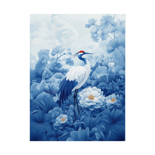 Chinoiserie Wall Art Print - Crane in Blue & White with Floral Accents