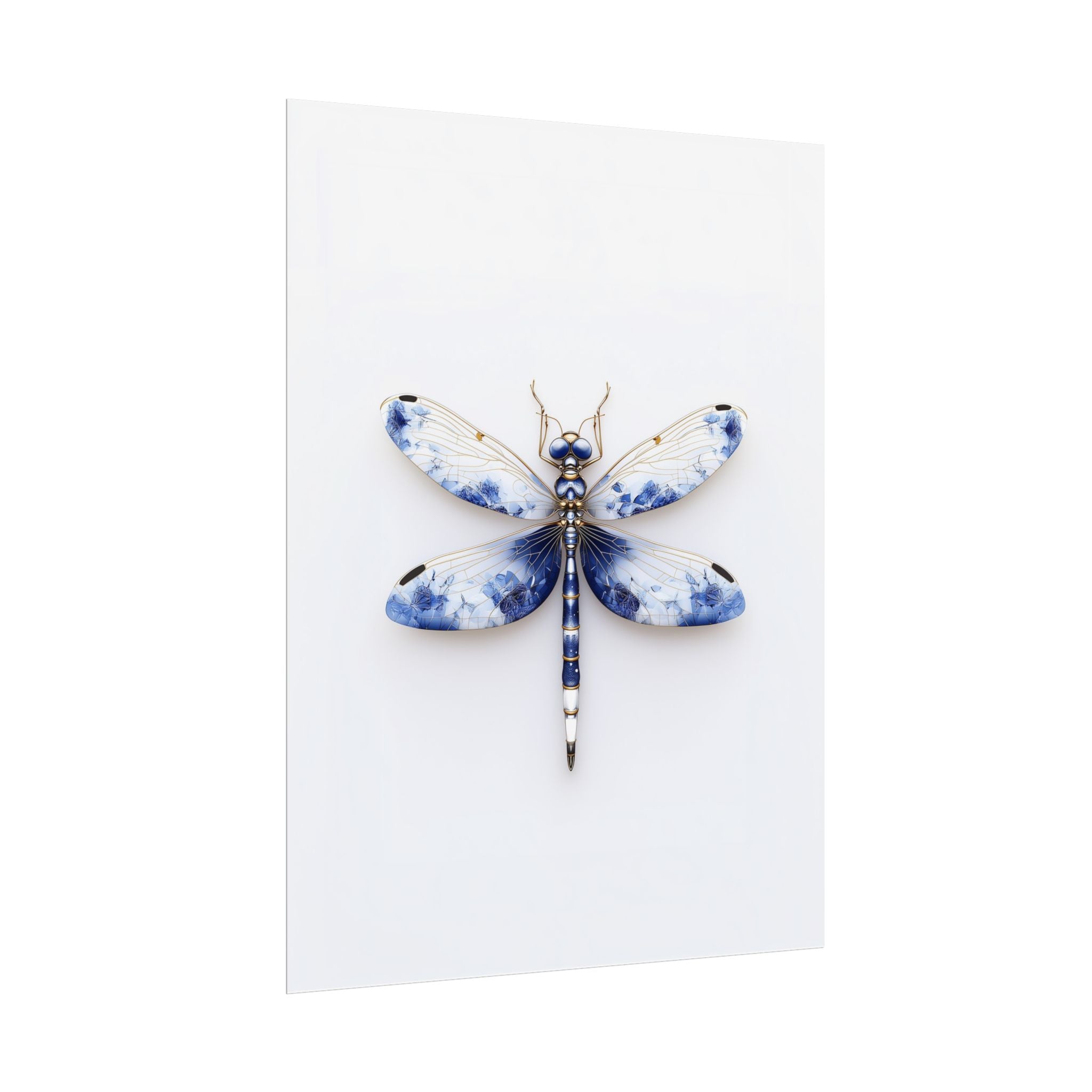 Blue and White Dragonfly Wall Art Print - Delft Inspired on White Background