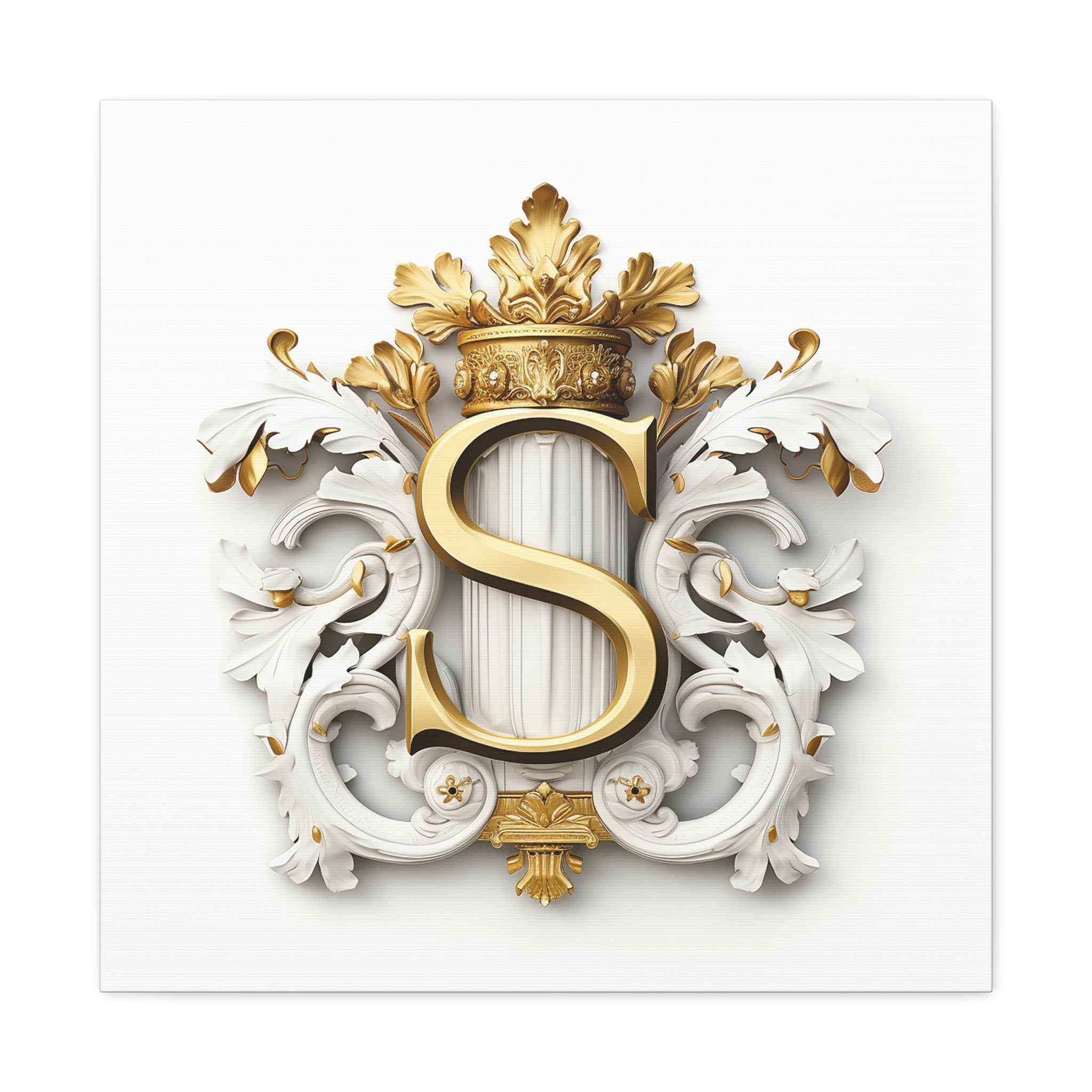 Monogram S Wall Art - Canvas Print Gallery Wrap - Single Initial Letter with Crown - White and Gold