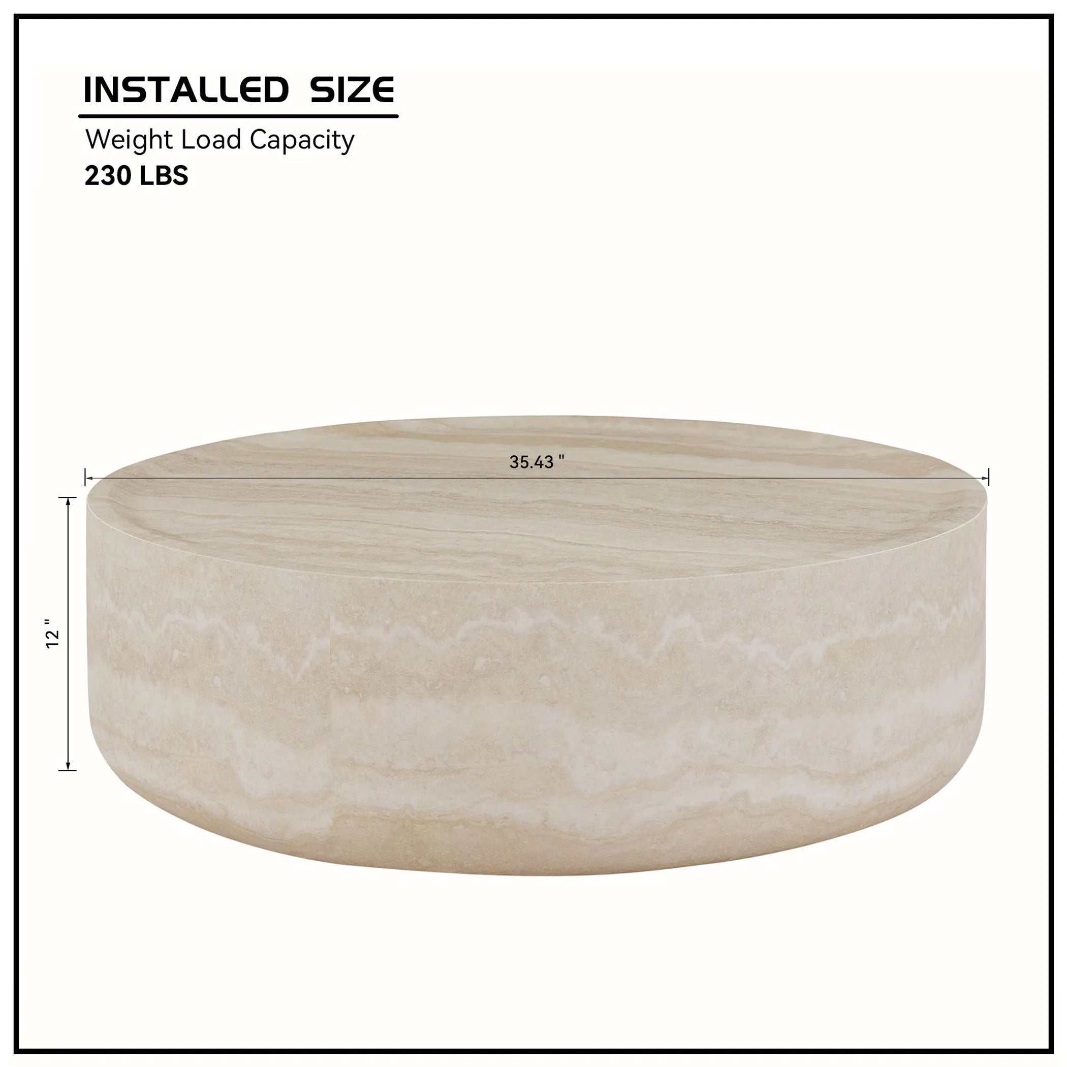 Marble-Effect Round Fiberglass Coffee Table with dimensions and weight load capacity on a white background