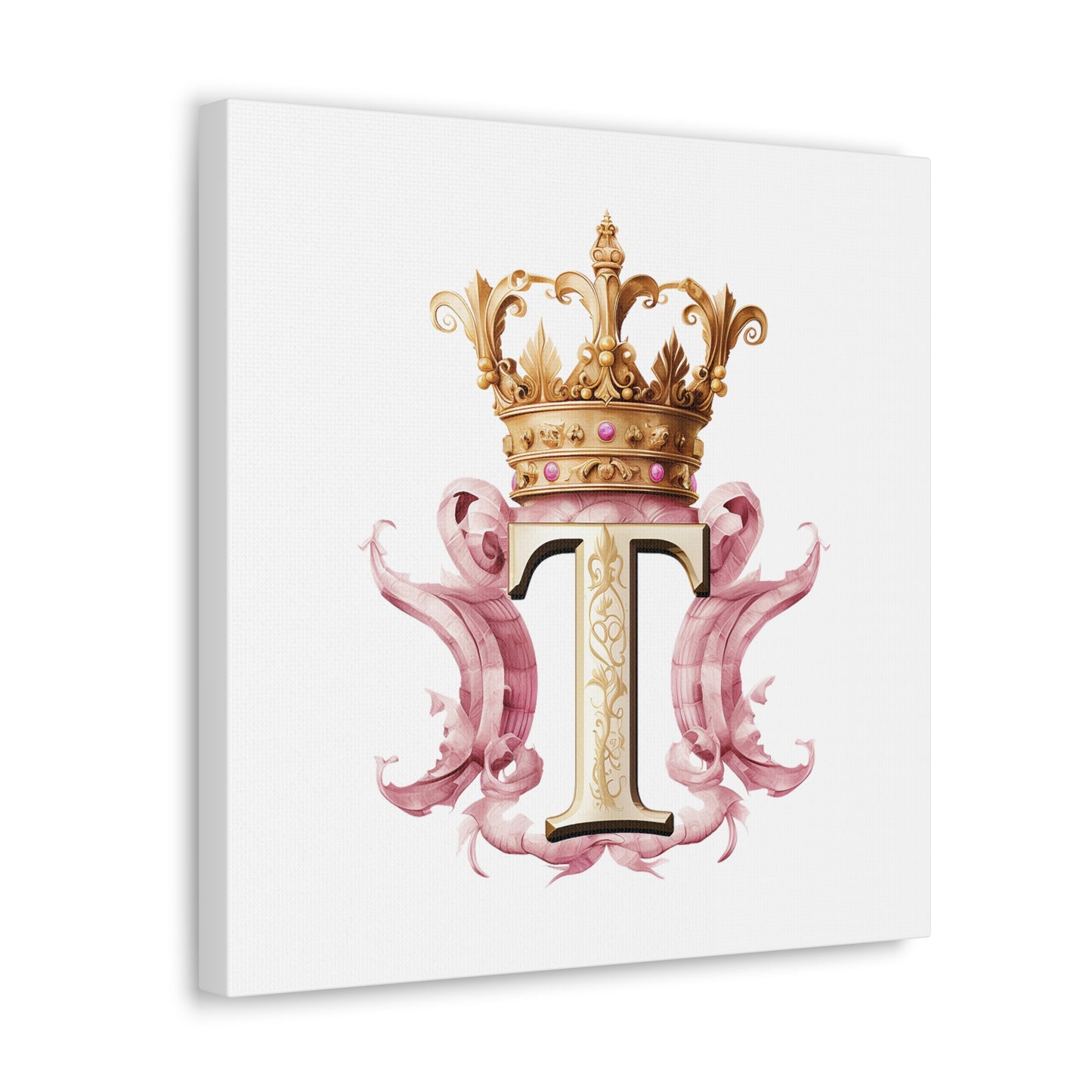 Monogram Style Letter T Canvas Print Gallery Wrap - Personalized Initial with Crown - Pink and Gold