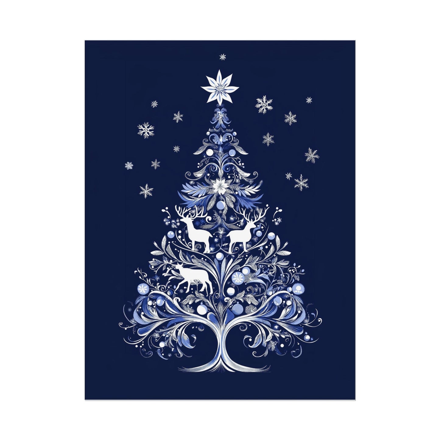 Delft-Inspired White Christmas Tree Wall Art Print on Blue Background with Deer