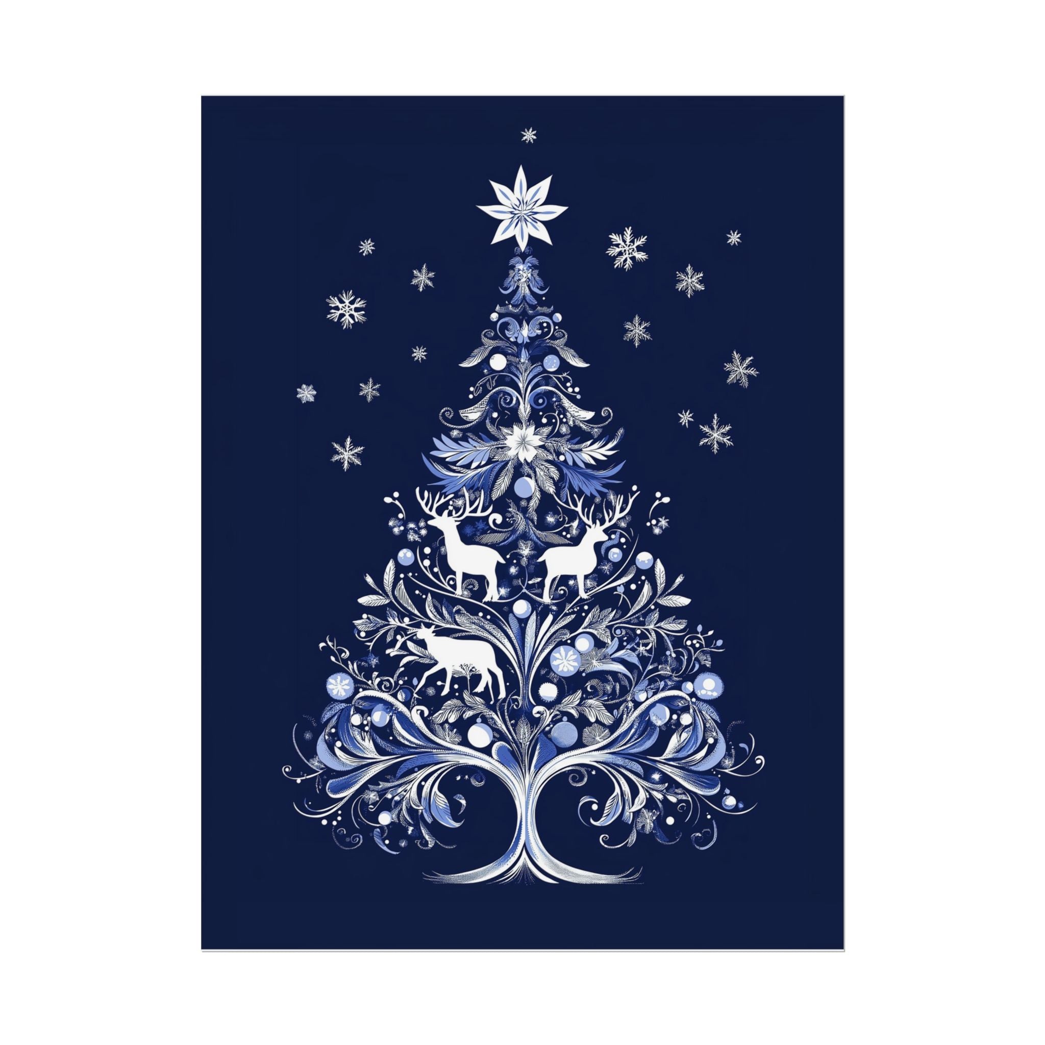 Delft-Inspired White Christmas Tree Wall Art Print on Blue Background with Deer