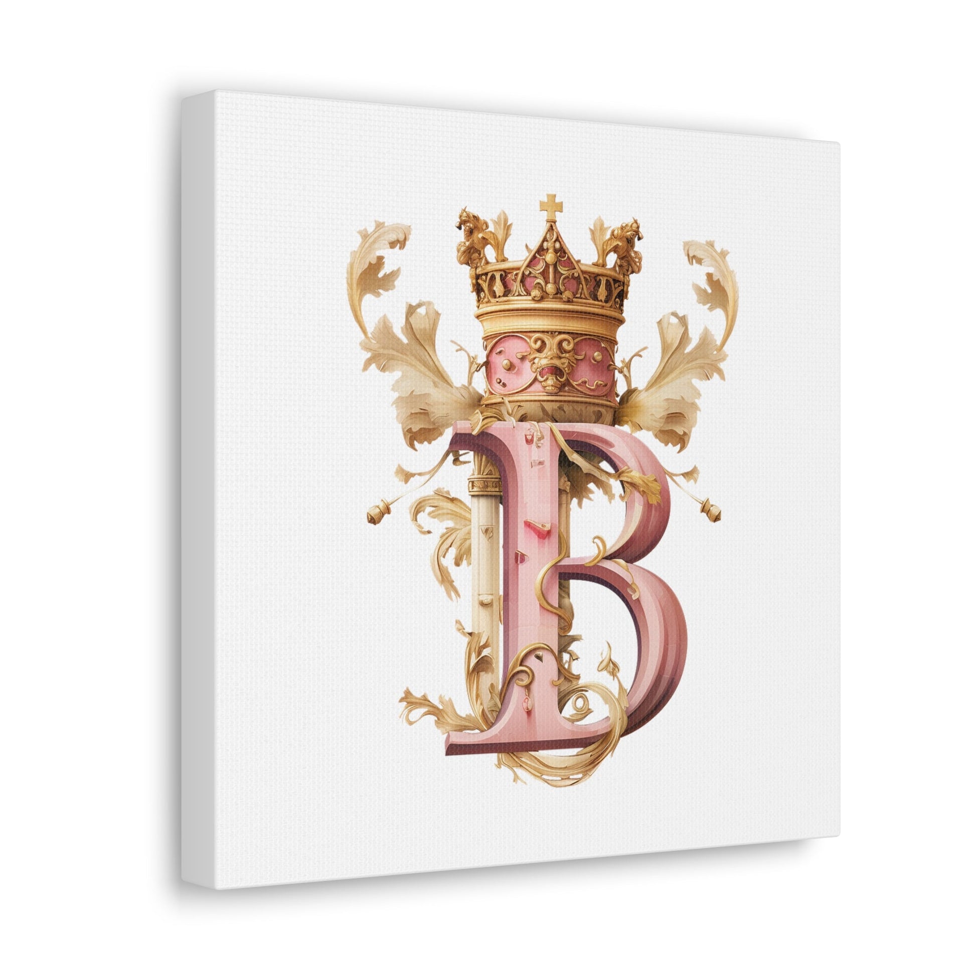 Monogram B Wall Art - Canvas Print Gallery Wrap - Single Initial Letter with Crown - Pink and Gold