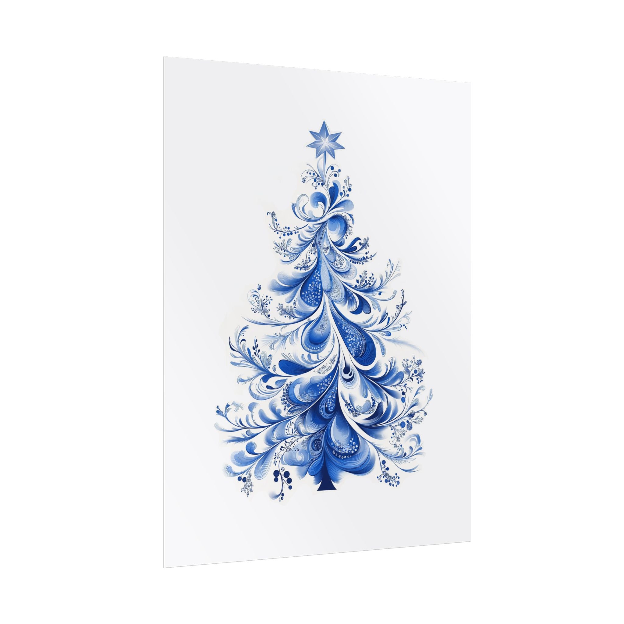 Blue and White Christmas Tree Wall Art Print - Delft Inspired