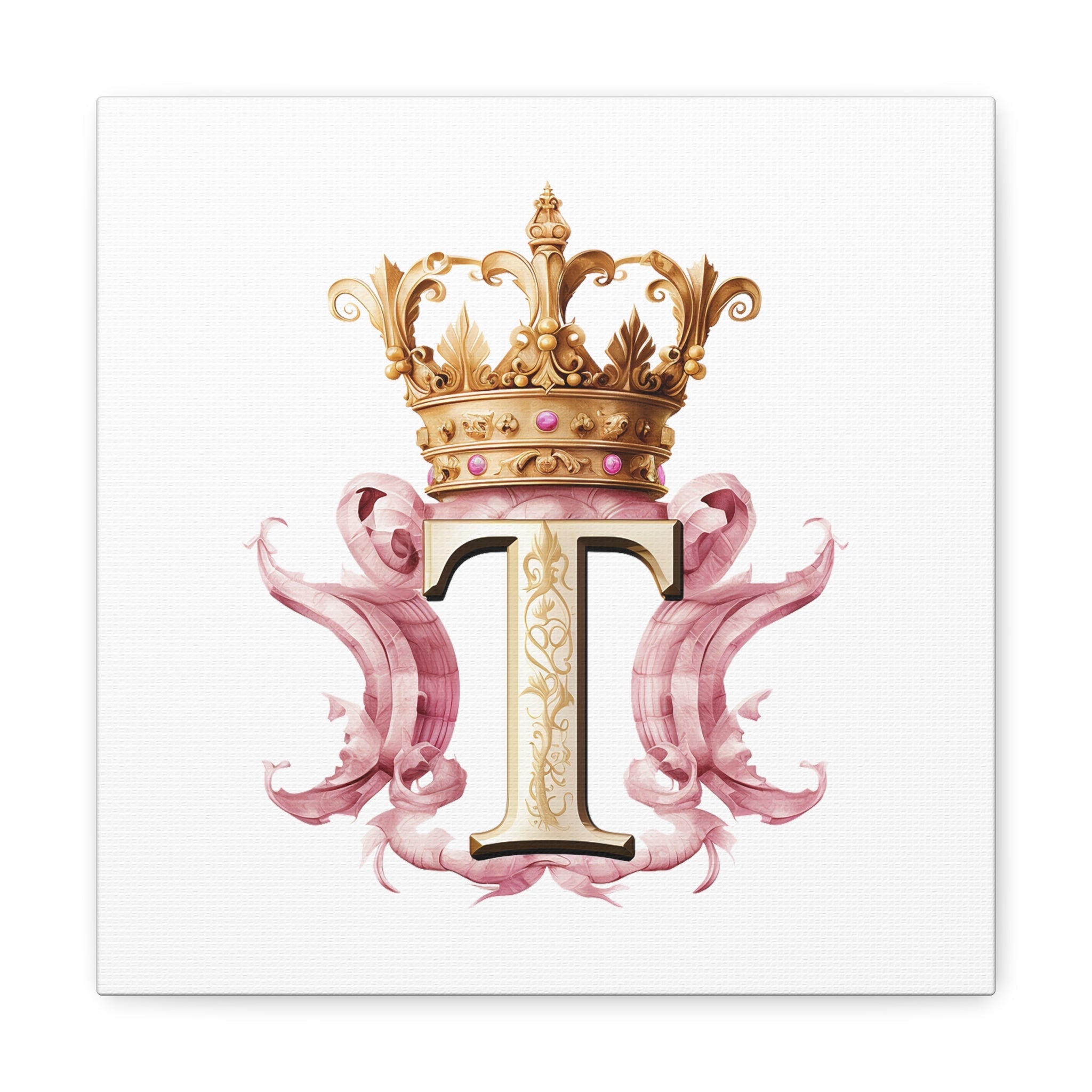 Monogram T Wall Art - Canvas Print Gallery Wrap - Single Initial Letter with Crown - Pink and Gold