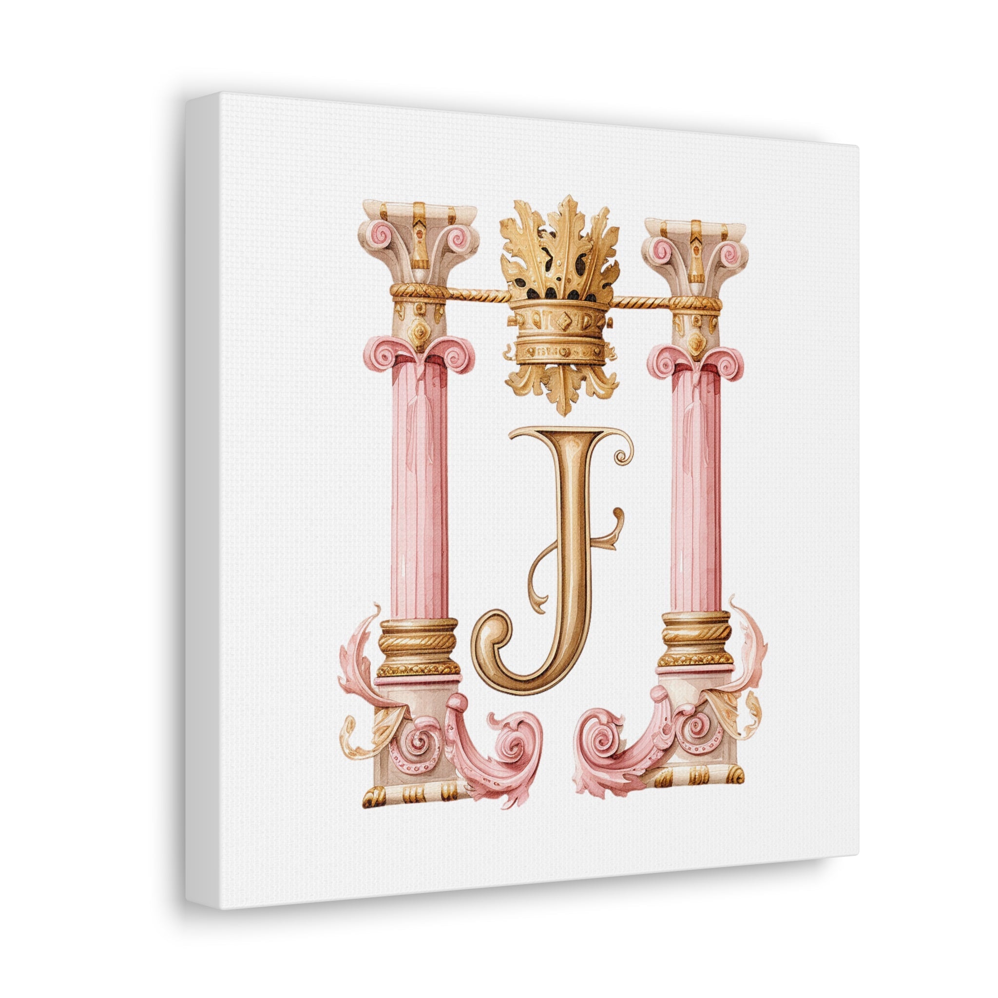 Monogram J Wall Art - Canvas Print Gallery Wrap - Single Initial Letter with Crown - Pink and Gold