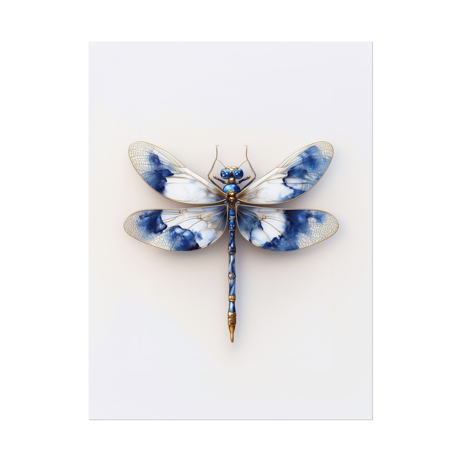 Blue and White Dragonfly Wall Art Print - Delft Inspired on off-white background