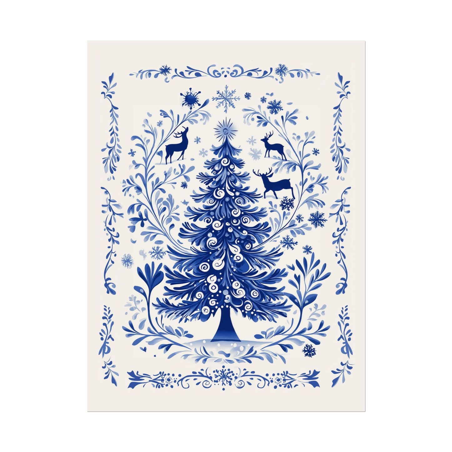 Delft-Inspired Blue Christmas Tree Wall Art Print on Off-White Background with Deer