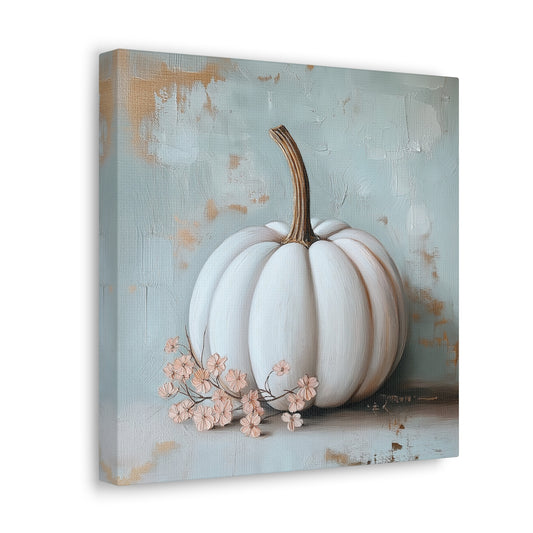 Pumpkin Wall Art - Canvas Print Gallery Wrap - White with Shabby Chic Flowers